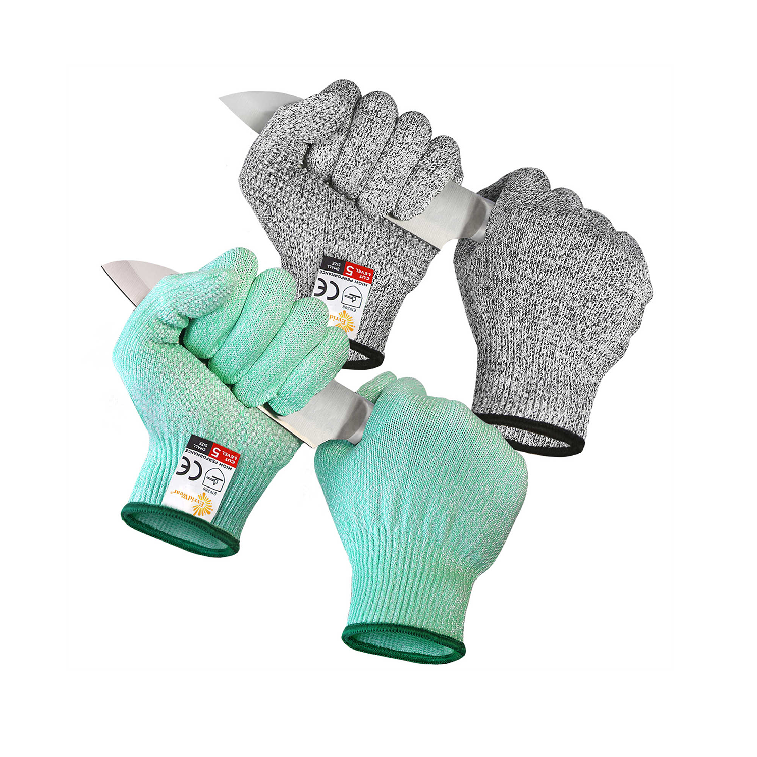 EvridWear 2 Pairs Cut Resistant Gloves With Silicone Grip Dots (Green+Gray)