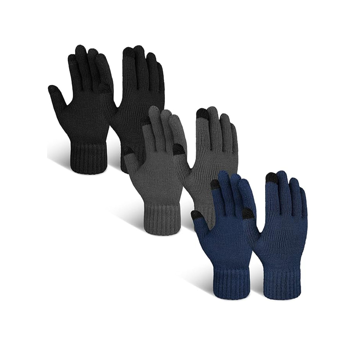 EvridWear 3 Pairs Fingerless Touchscreen Gloves - Thermal & Warm (Blue/Navy/Grey)