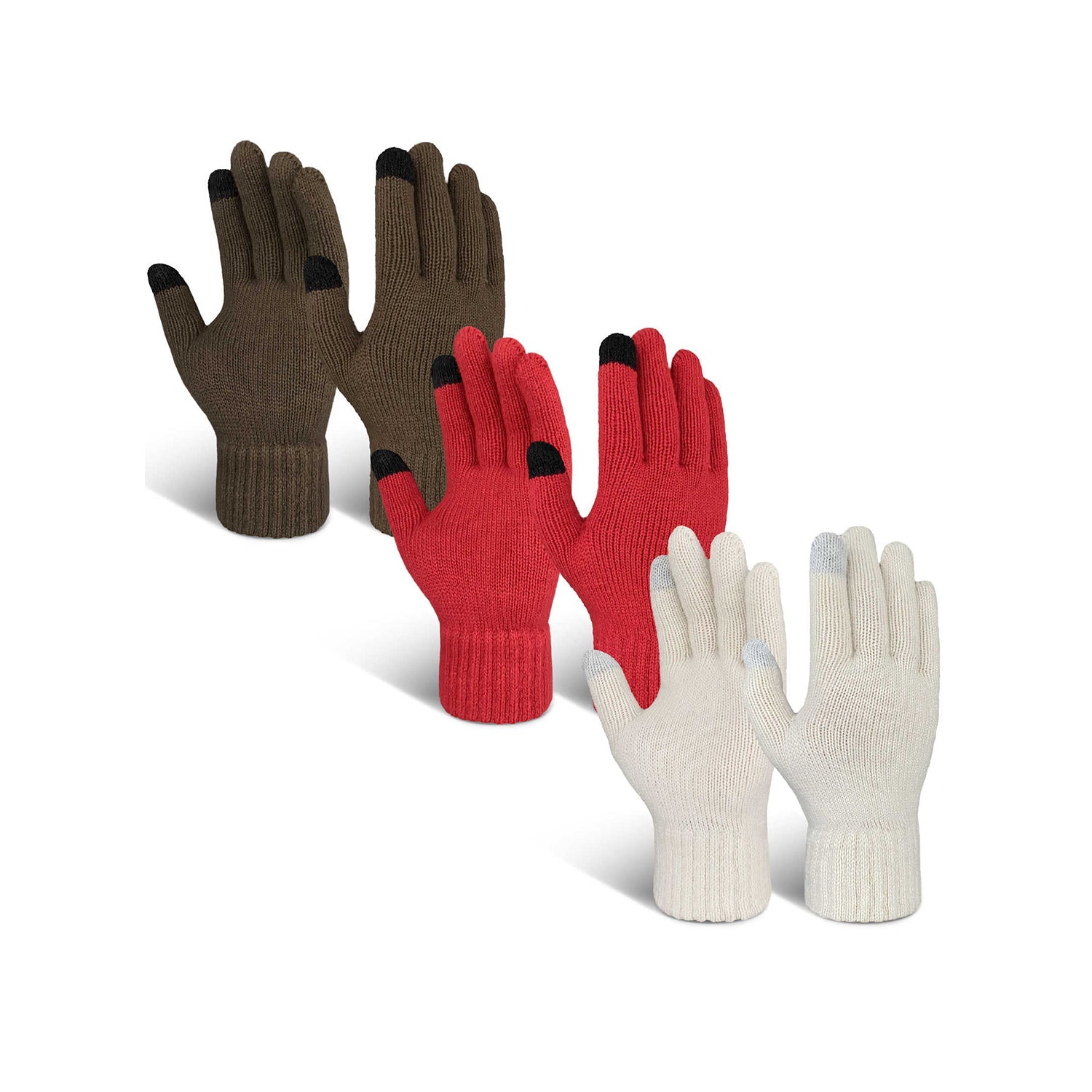 EvridWear 3 Pairs Fingerless Touchscreen Gloves - Thermal & Warm (Brown/Red/White)