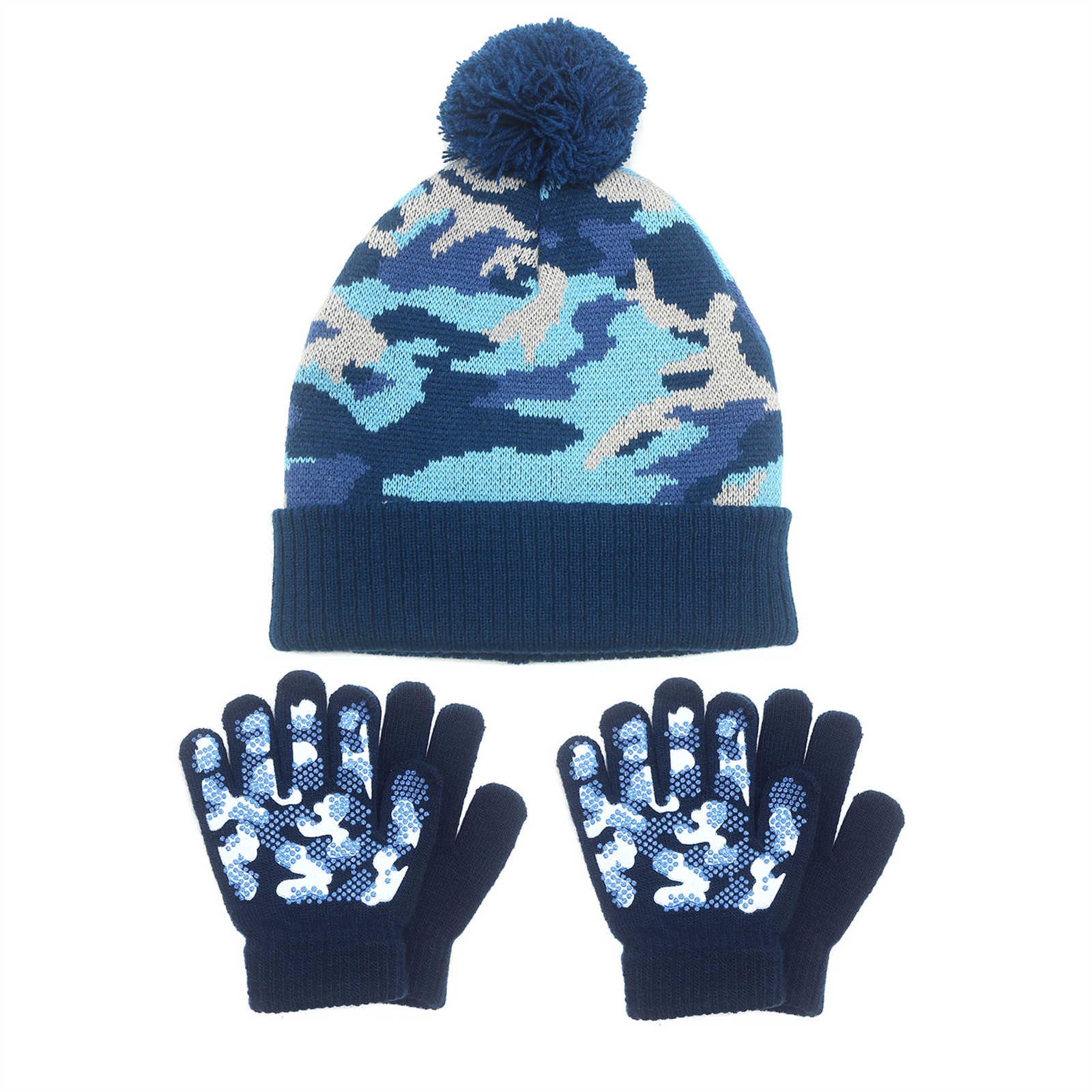 EvridWear Kids Blue Winter Hat & Gloves Set - Earflap Beanie + 2 Pairs Gloves (Ages 4-6)