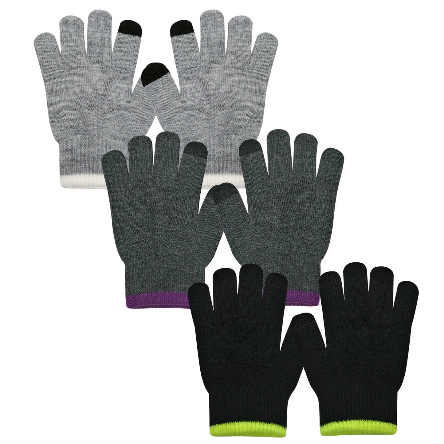 EvridWear 3 Pairs Boy Girl Knit Warm Touchscreen Gloves, Fall Winter Cold Weather (2-14 years)