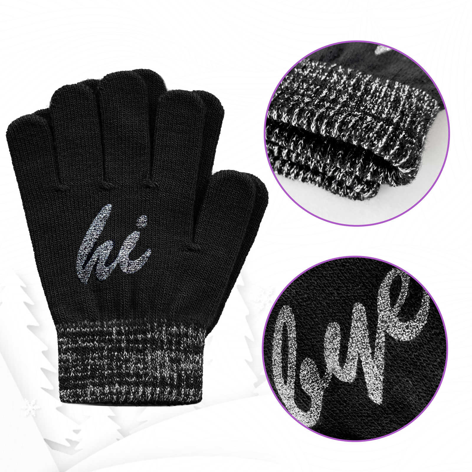 EvridWear Kids Winter Gloves - 3 Pairs Hi/Bye Print Knit (Boys & Girls)