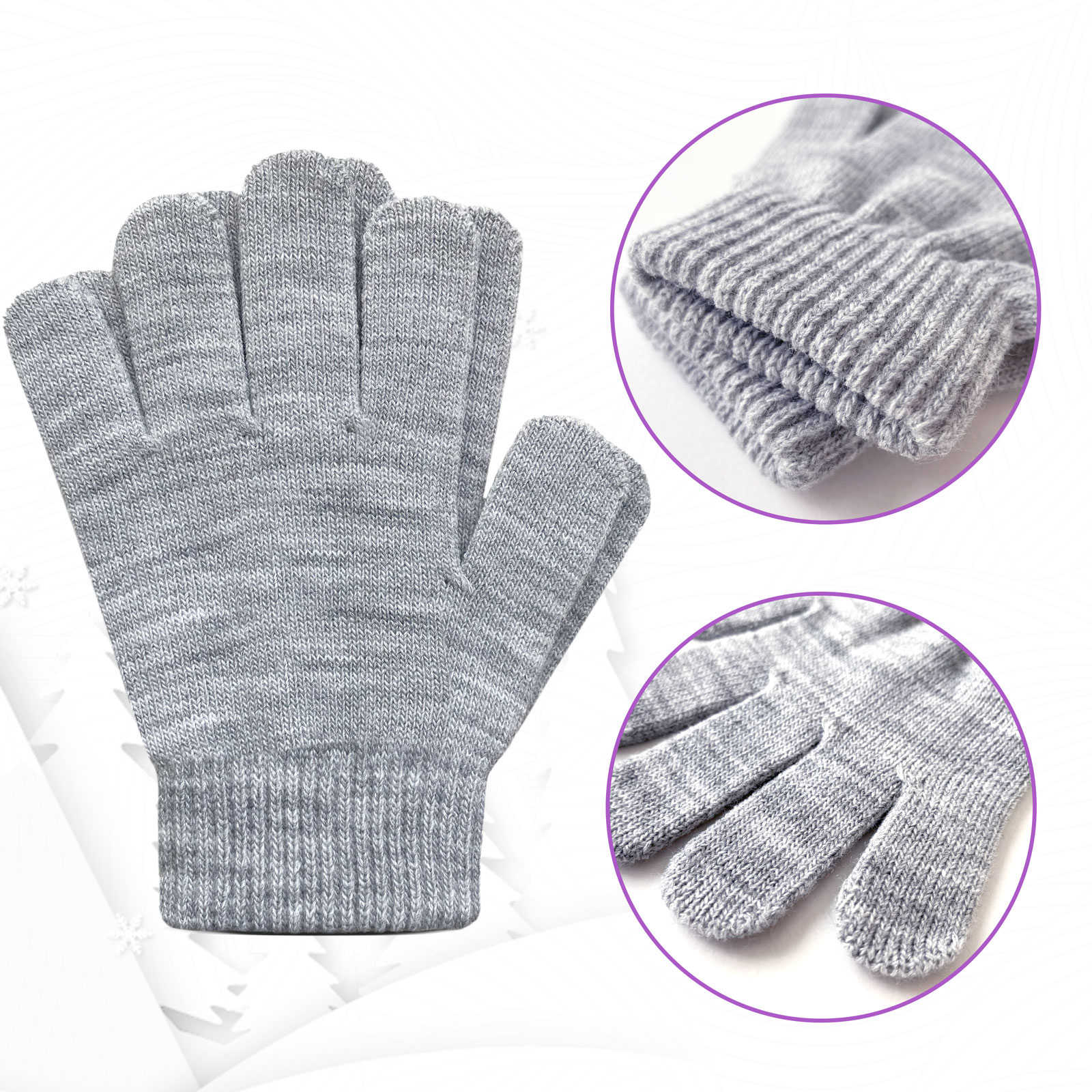 EvridWear Kids Winter Gloves - 3 Pairs White/Black/Grey Knit (Boys & Girls)