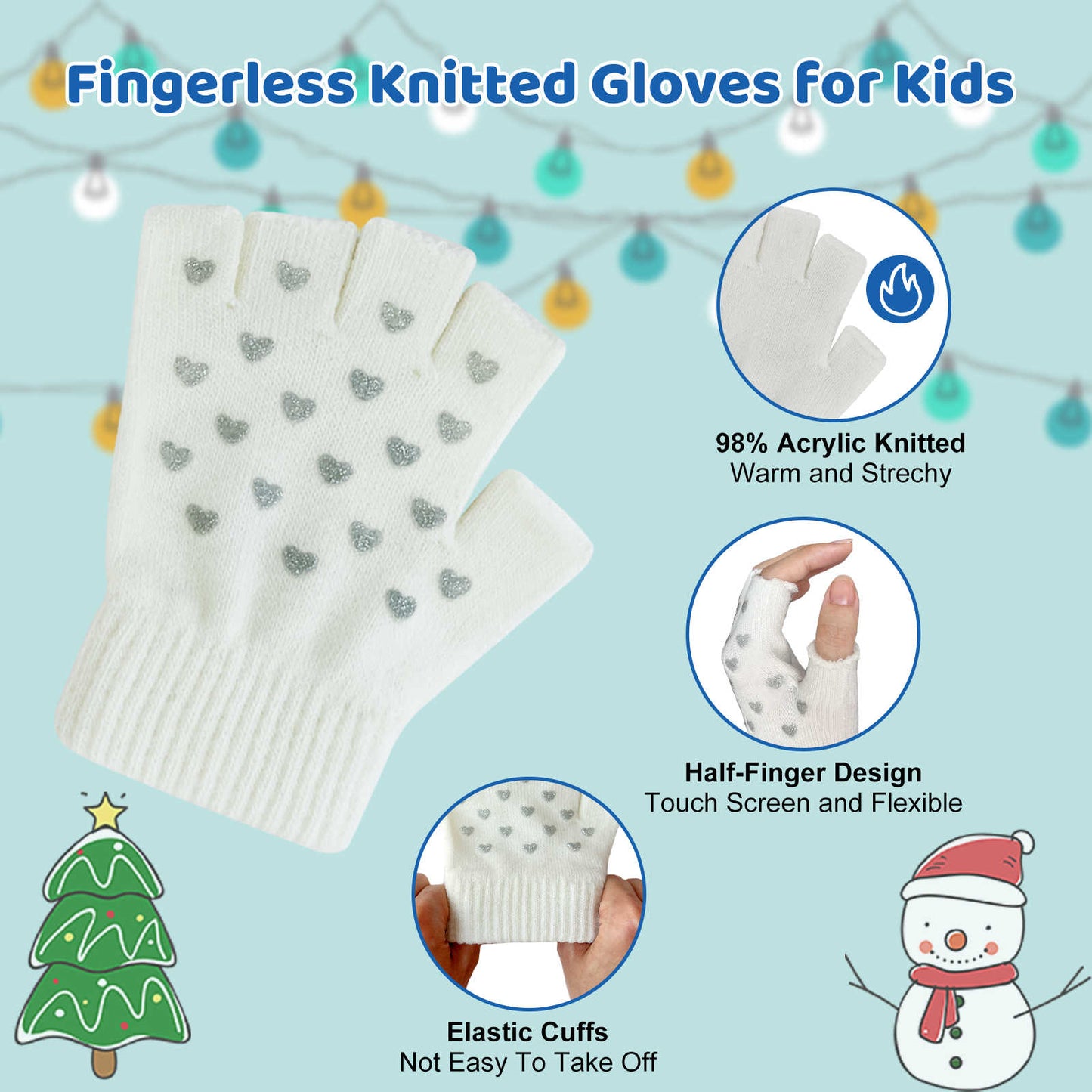 Evridwear Kids Fingerless Winter Warm Gloves,3 Pairs Half Finger Knitted Magic Stretch Gripper Glove
