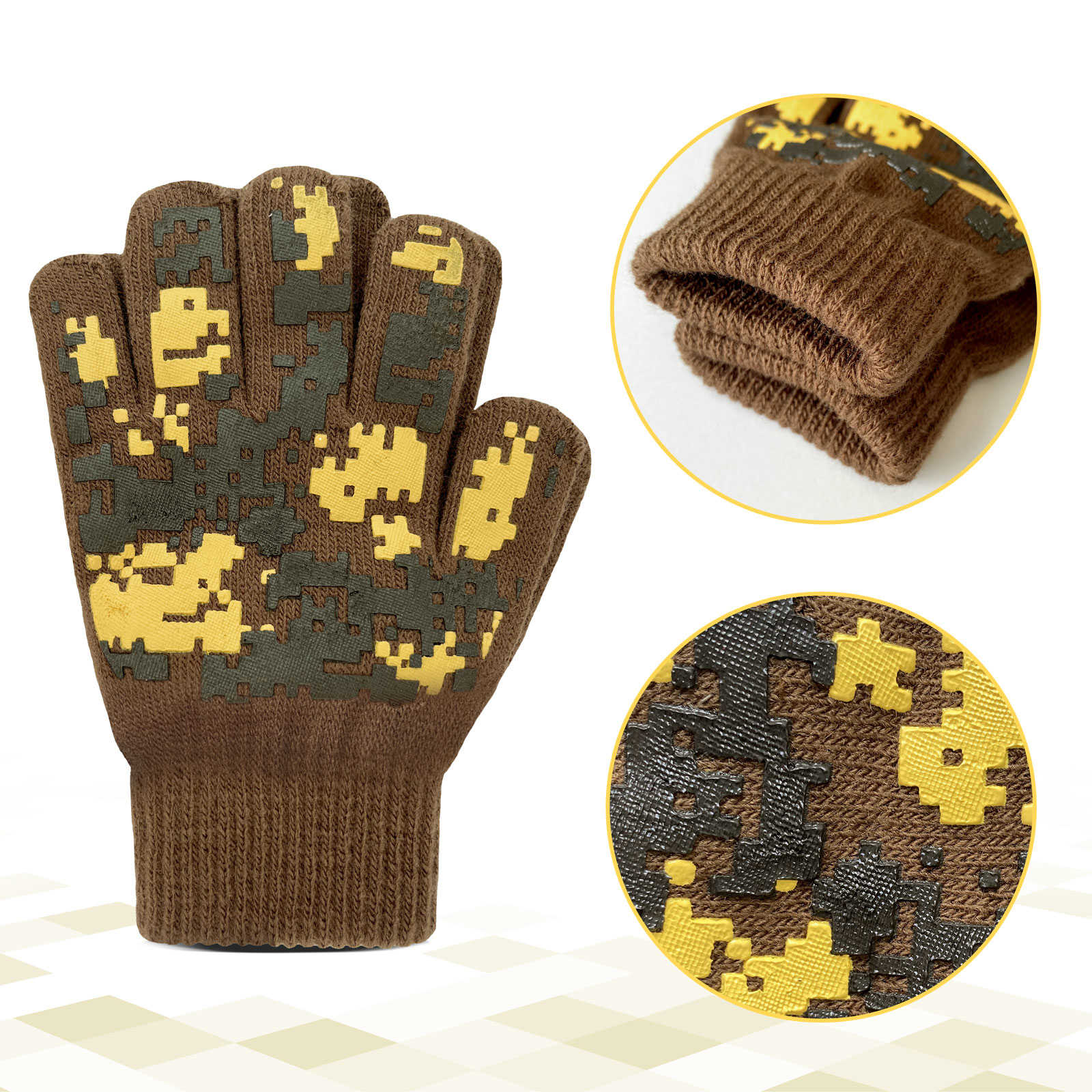 EvridWear Kids Winter Gloves - 3 Pairs Pixel Camo Grip Knit (Boys & Girls)