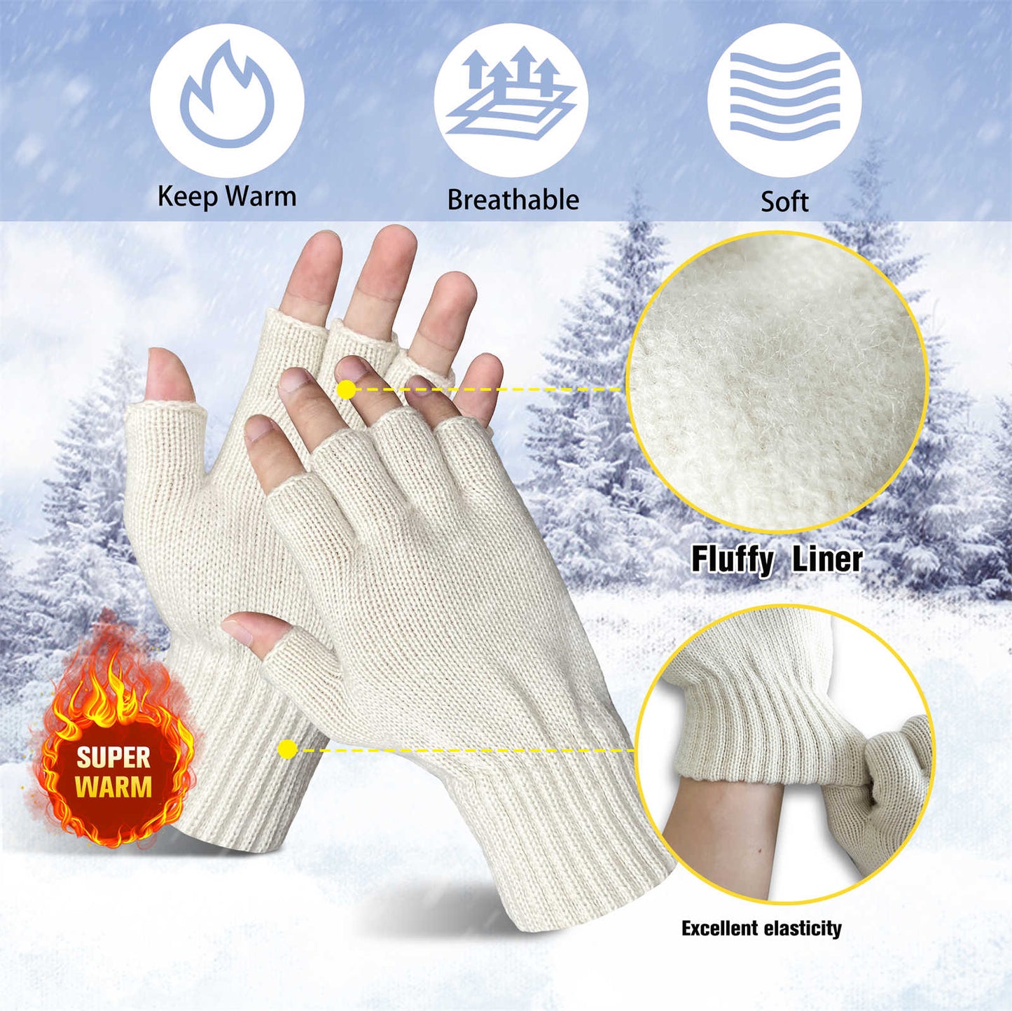 Evridwear 3 Pairs Winter Touchscreen Fingerless Gloves Cold Weather Thermal Warm Glove for Men Women