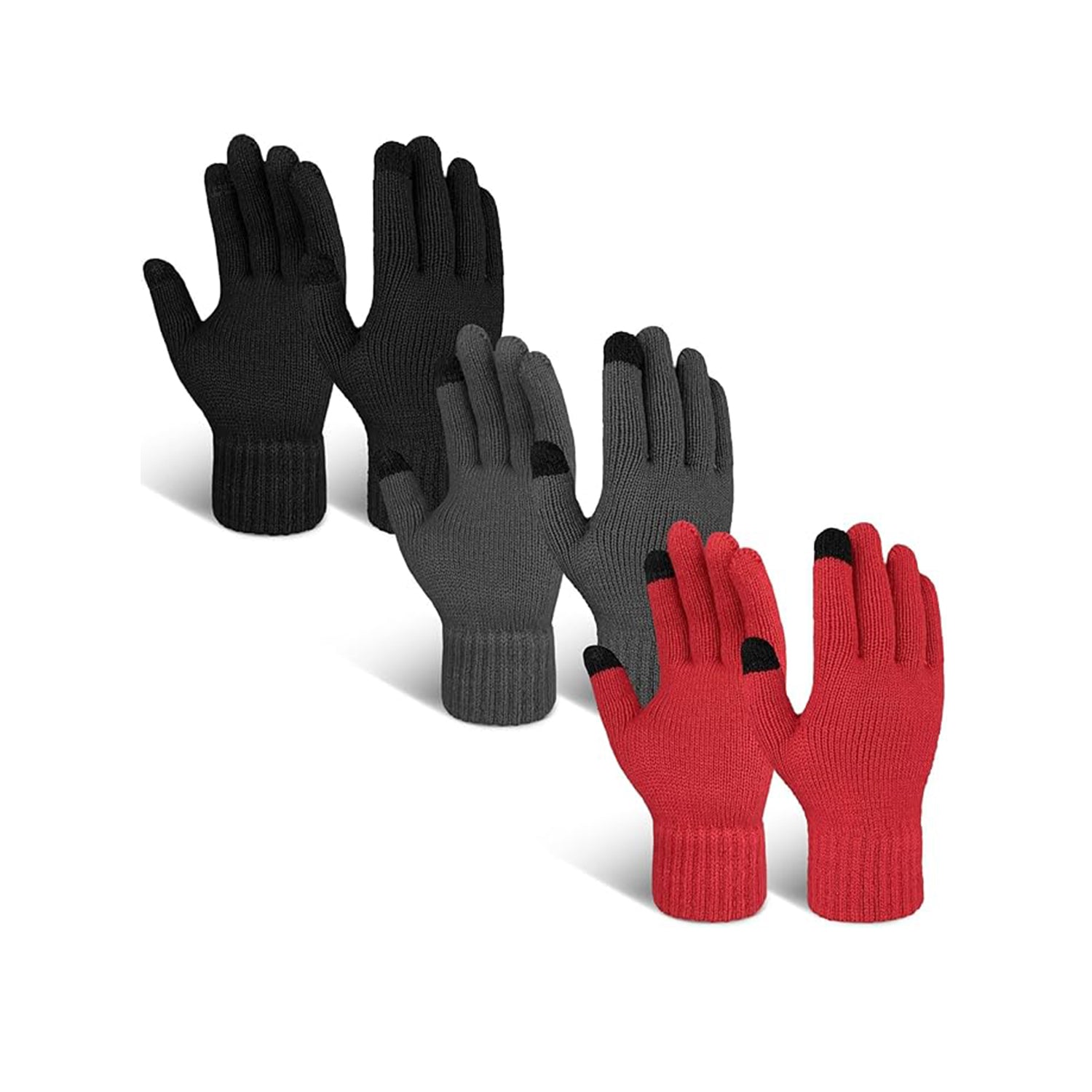 EvridWear 3 Pairs Fingerless Touchscreen Gloves - Thermal & Warm (Black/Grey/Red)