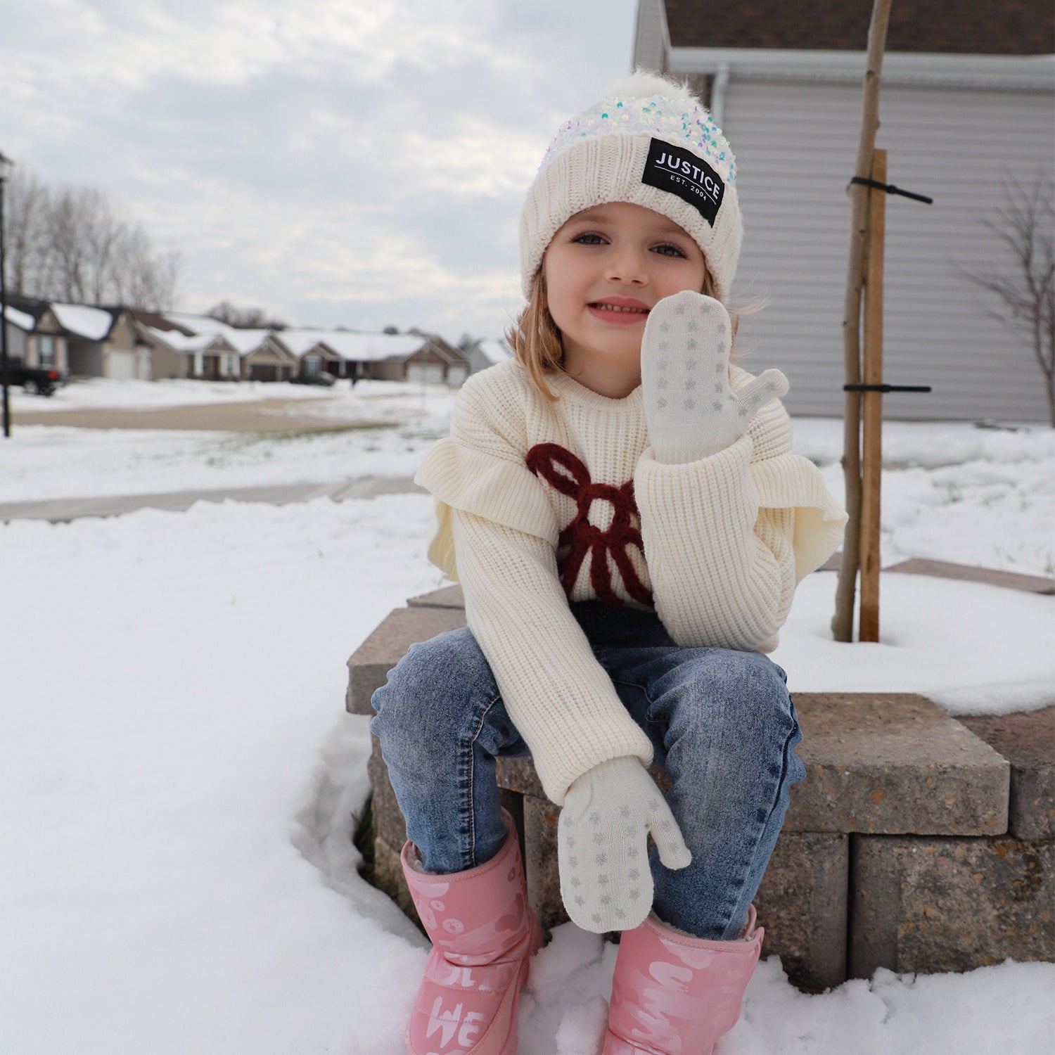 EvridWear Toddler Mittens - 3 Pairs, Warm Knit (Ages 4-6) - White/Gray/Pink
