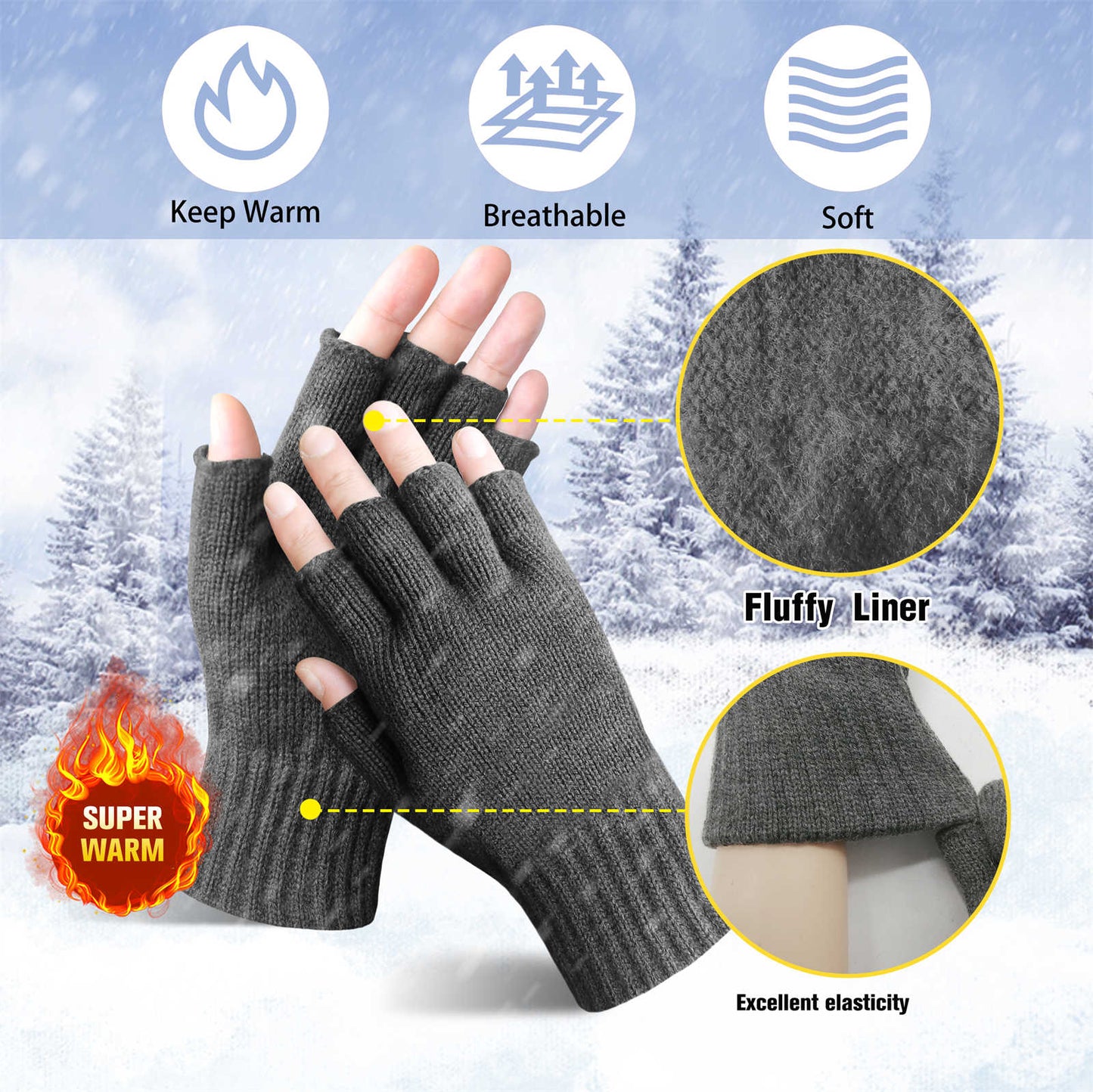 Evridwear 3 Pairs Winter Touchscreen Fingerless Gloves Cold Weather Thermal Warm Glove for Men Women