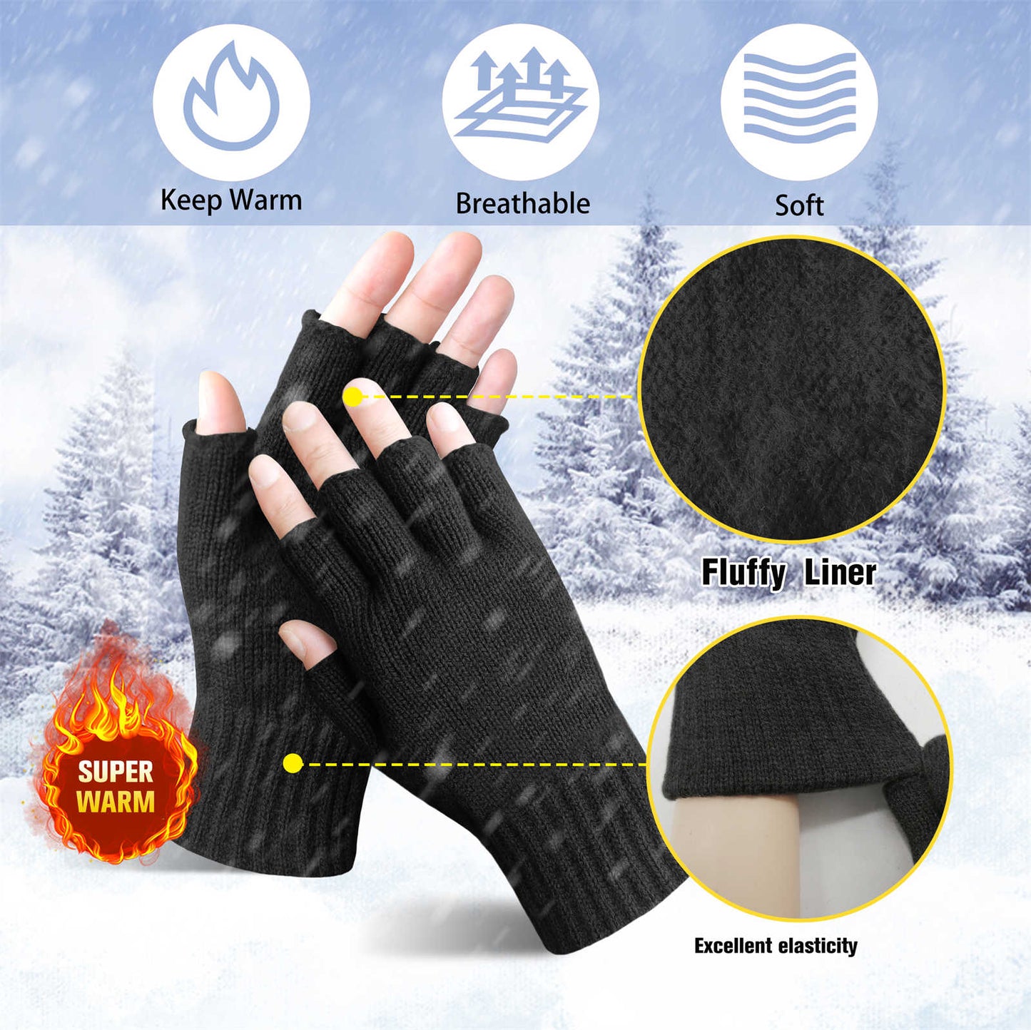 Evridwear 3 Pairs Winter Touchscreen Fingerless Gloves Cold Weather Thermal Warm Glove for Men Women