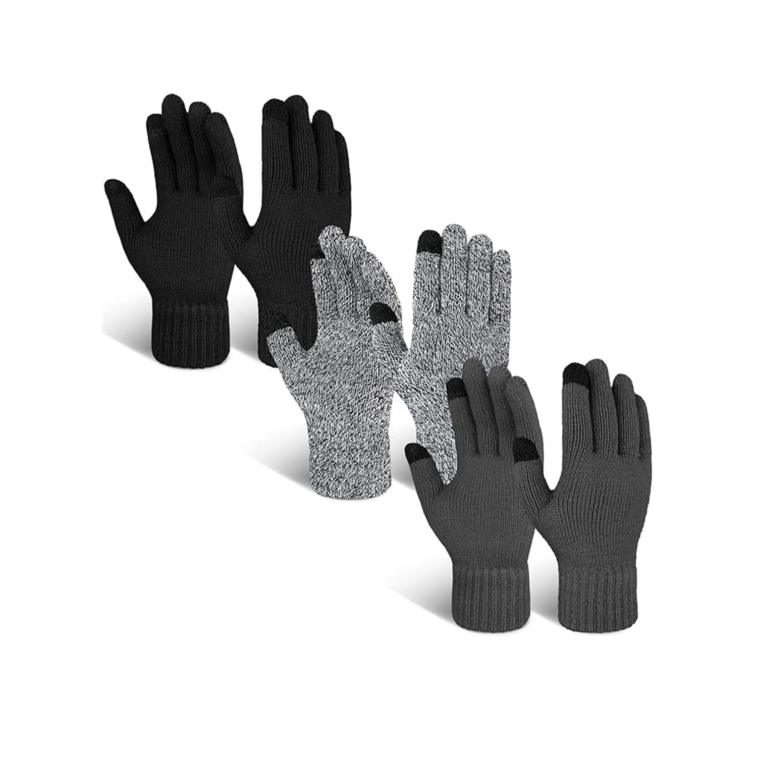 EvridWear 3 Pairs Fingerless Touchscreen Gloves - Thermal & Warm (Blue/Light Grey/Dark Grey)
