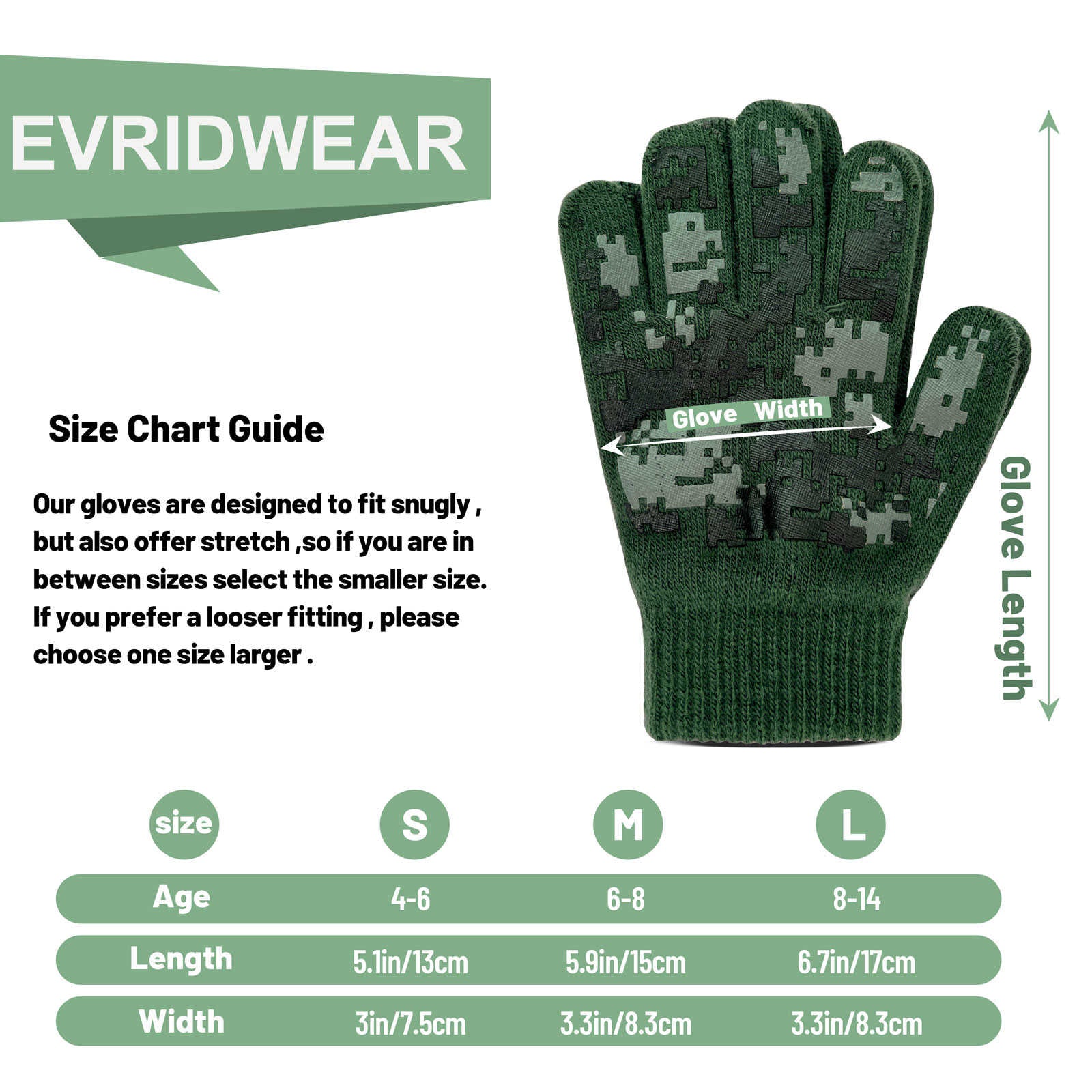 EvridWear Kids Winter Gloves - 3 Pairs Pixel Camo Grip Knit (Boys & Girls)
