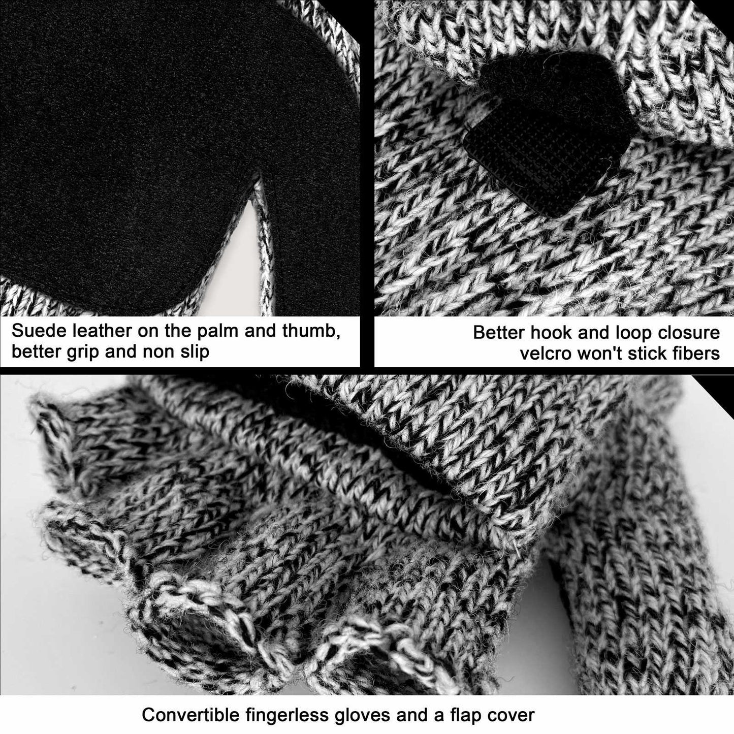 EvridWear Winter Convertible Fingerless Gloves, Evridwear Wool Mittens Warm, with Anti-Slip Suede Leather Palm and Thumb, Unisex Style