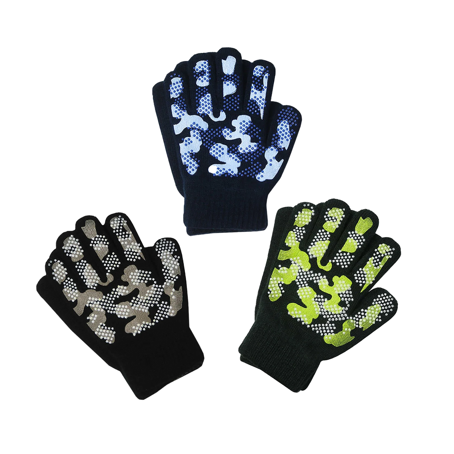 EvridWear Kids Winter Gloves - 3 Pairs Camo Print Knit (Boys & Girls)