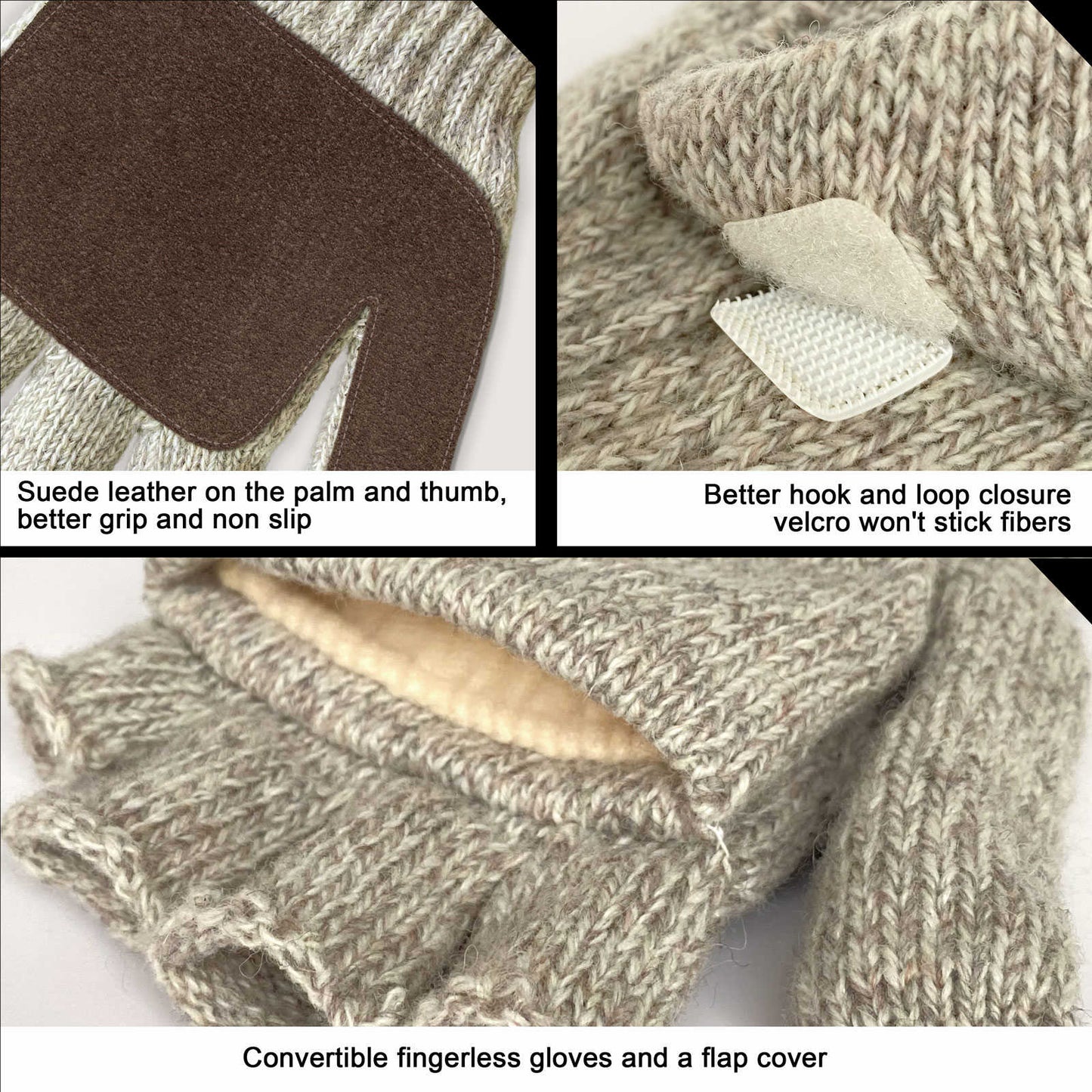 EvridWear Winter Convertible Fingerless Gloves, Evridwear Wool Mittens Warm, with Anti-Slip Suede Leather Palm and Thumb, Unisex Style