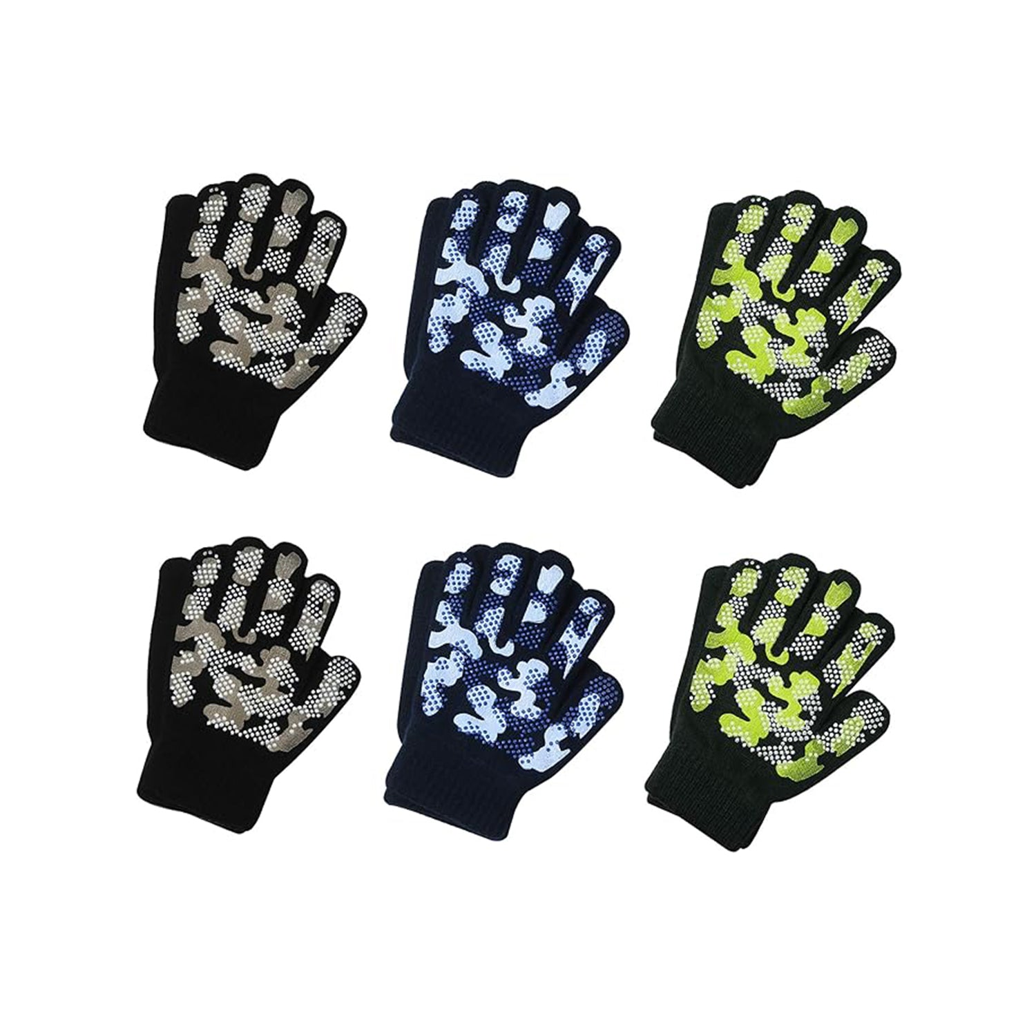 EvridWear Kids Winter Gloves - 6 Pairs Camo Print Knit (Boys & Girls)