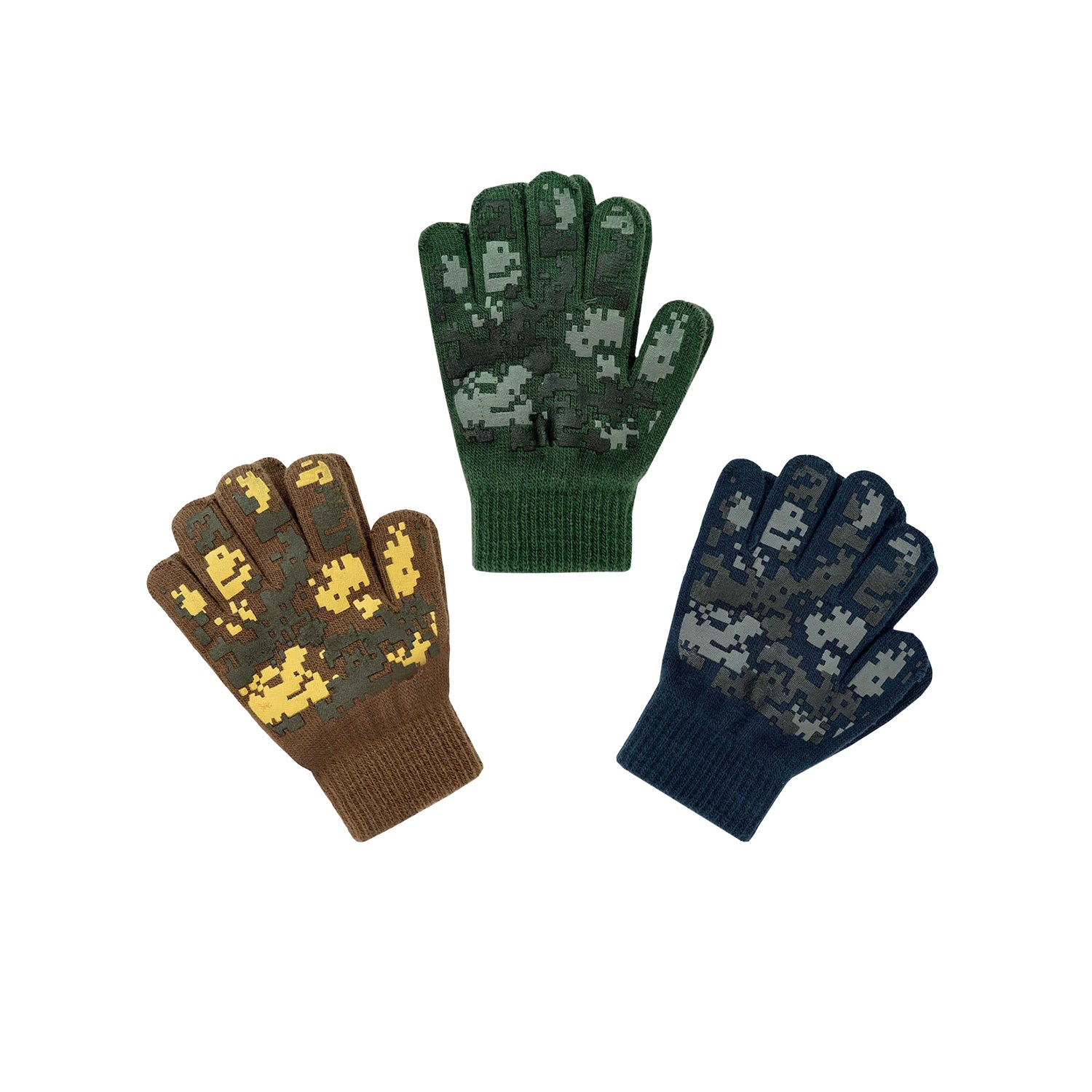 EvridWear Kids Winter Gloves - 3 Pairs Pixel Camo Grip Knit (Boys & Girls)