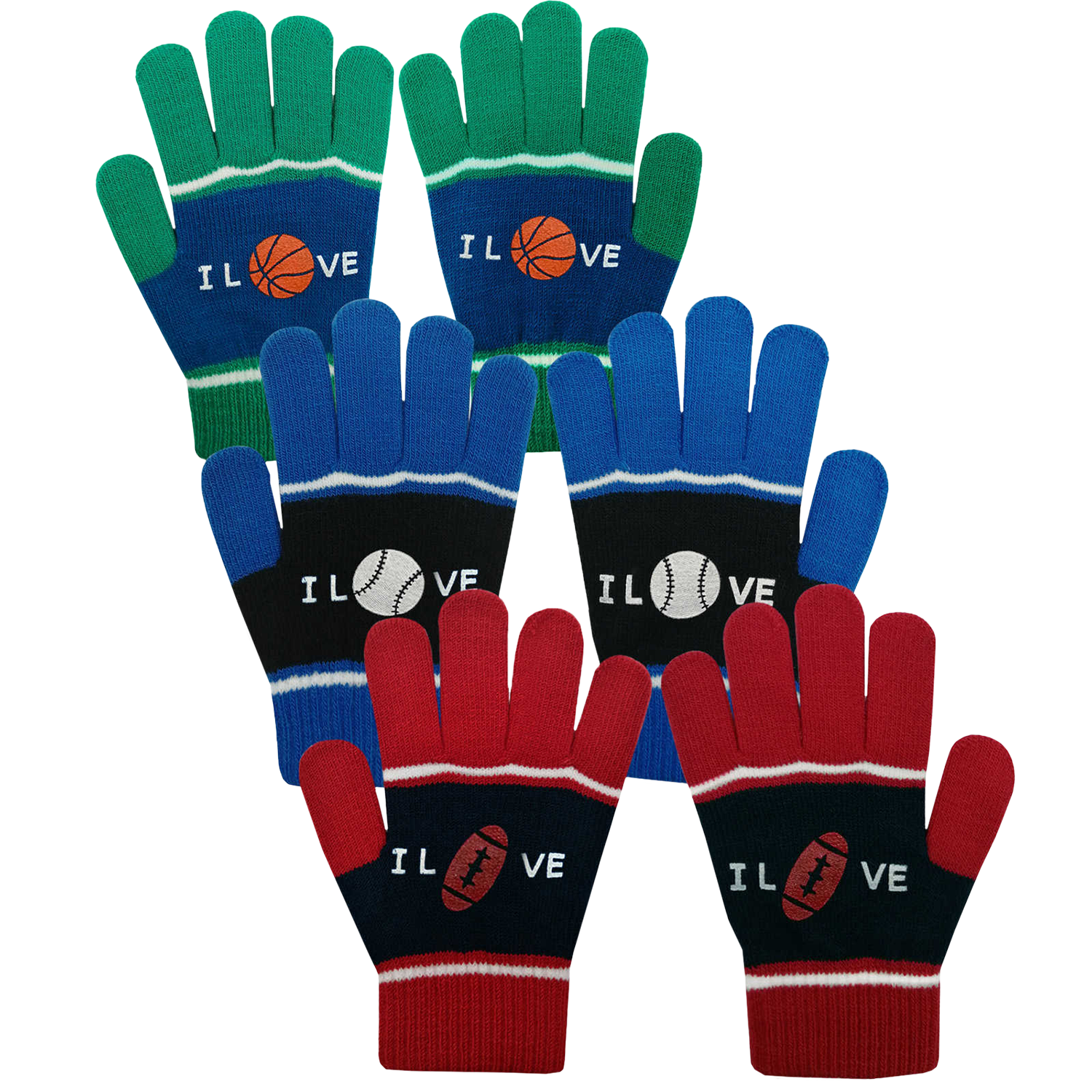 EvridWear Kids Winter Gloves - 3 Pairs Balls Print Knit (Boys & Girls)