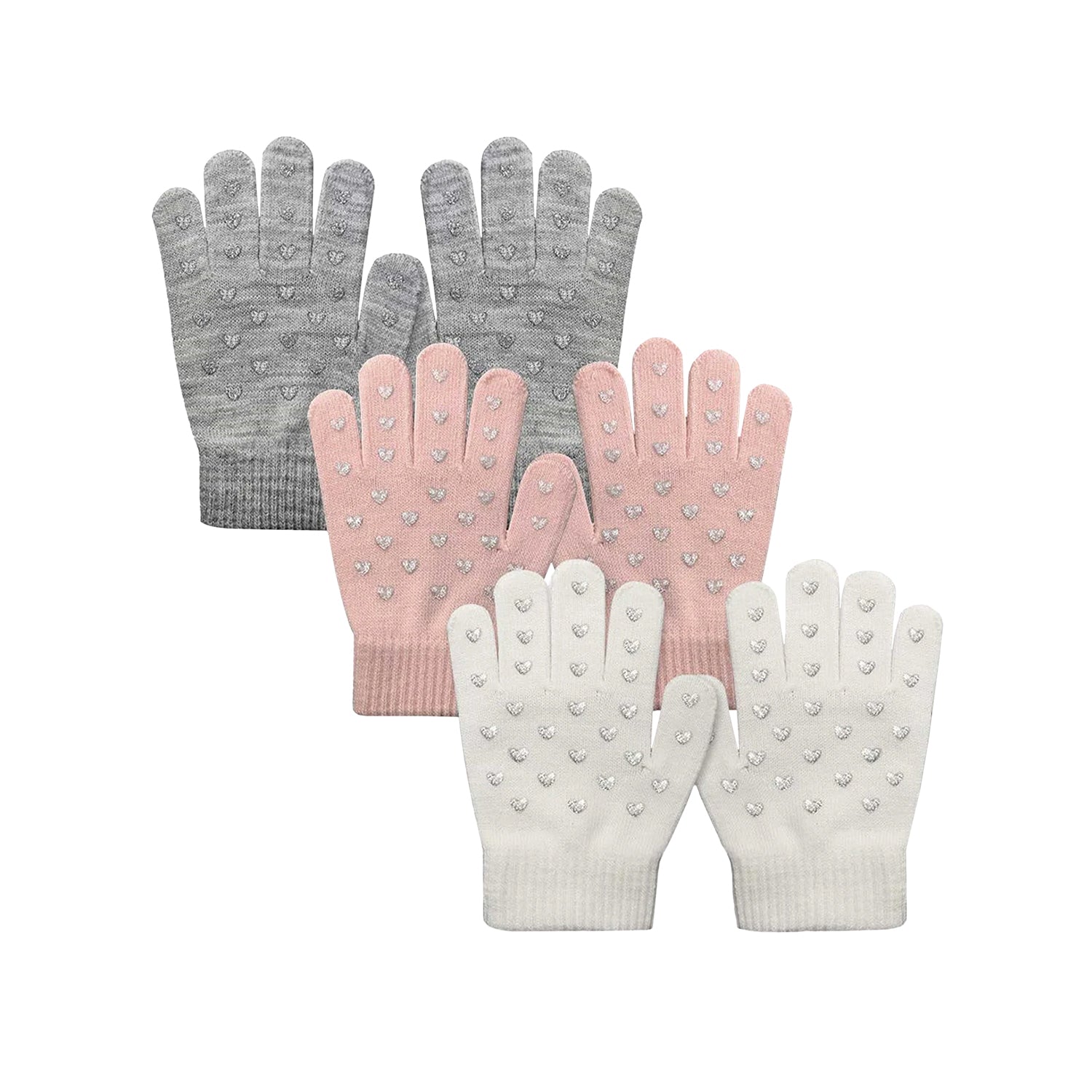 Evridwear Kids Winter Gloves - 3 Pairs Sweet Heart Knit Warm Stretch Gripper Gloves for Boys & Girls