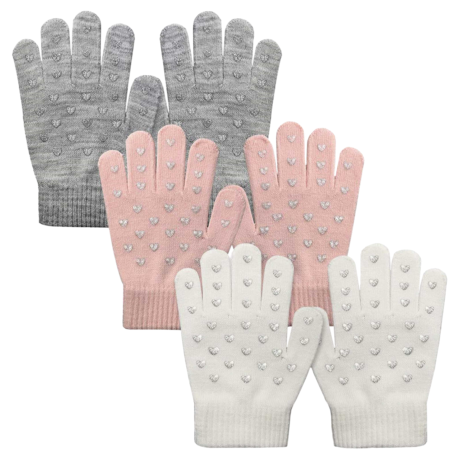EvridWear Kids Winter Gloves - 3 Pairs Heart Grip Knit (Boys & Girls)