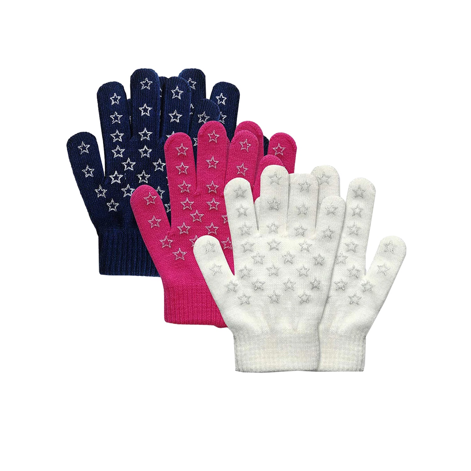 EvridWear Kids Winter Gloves - 3 Pairs Star Grip Knit (Boys & Girls)