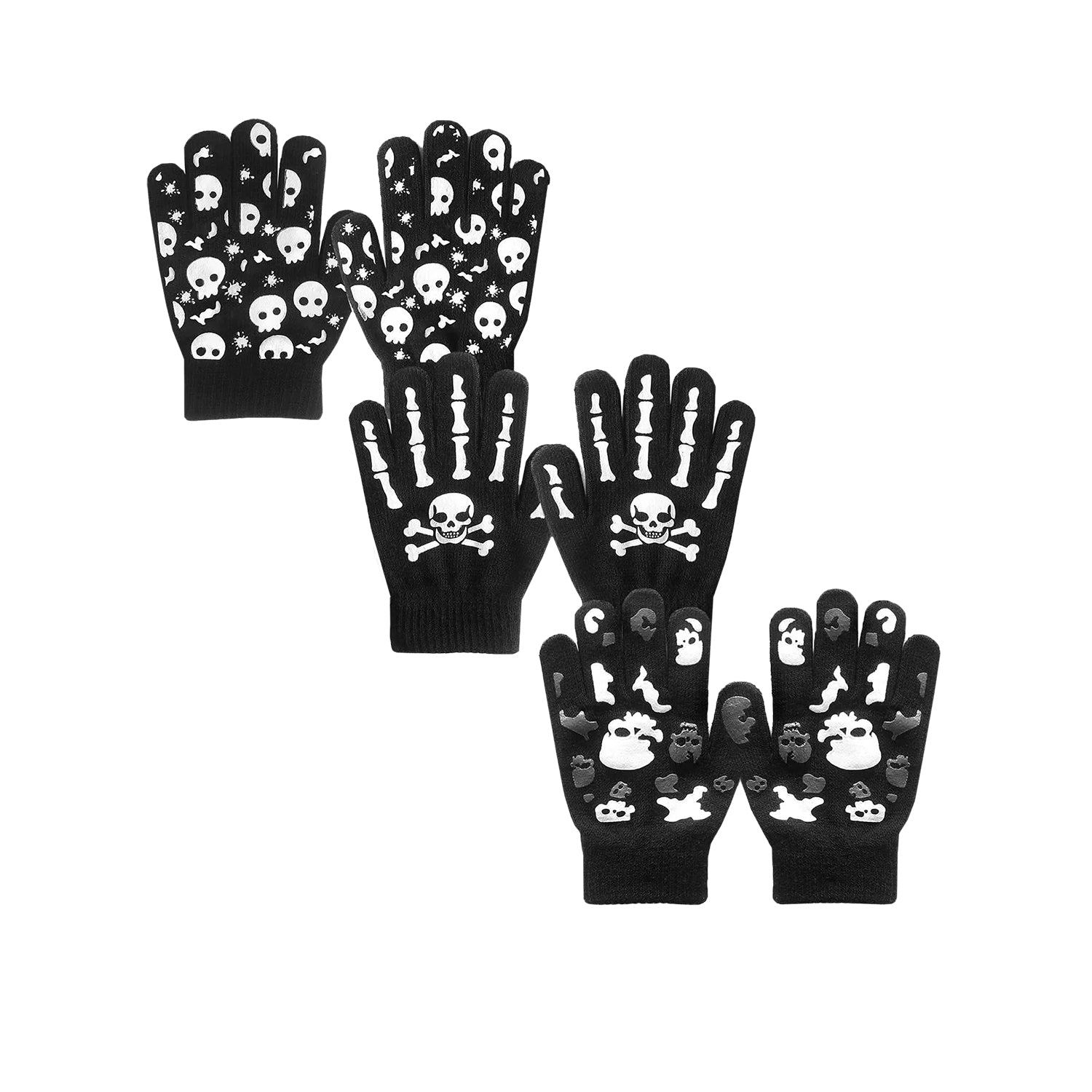 EvridWear Kids Winter Gloves - 3 Pairs Skull Knit (Boys & Girls)