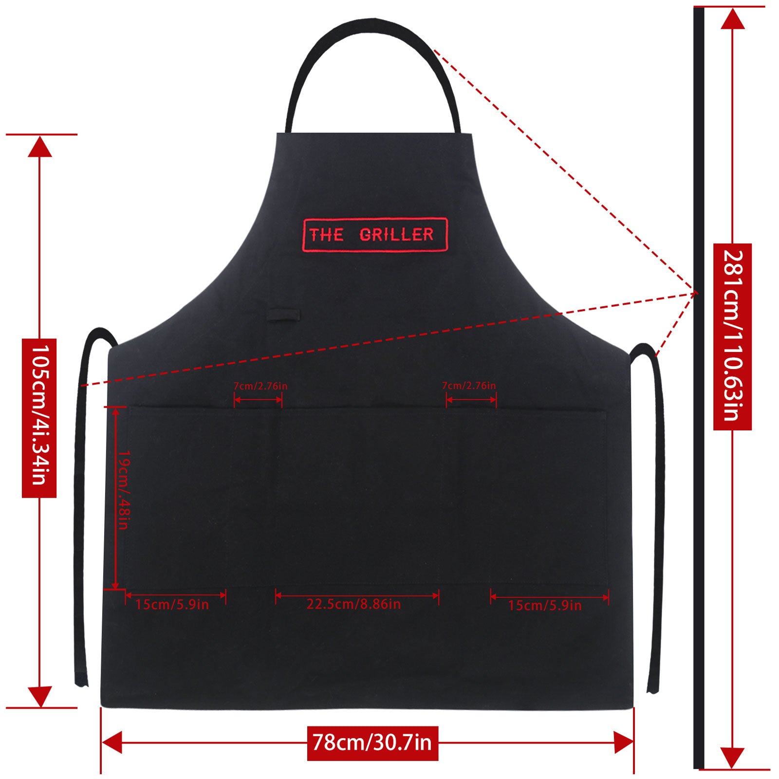 The apron is 30.75 inches or 78 centimeters wide, and 41.25 inches or 105cm long excluding the neck strap. Waist and neck straps measure at over 110 inches or 280cm long. It covers the chest and above the knees to ensure mobility while providing better protection.