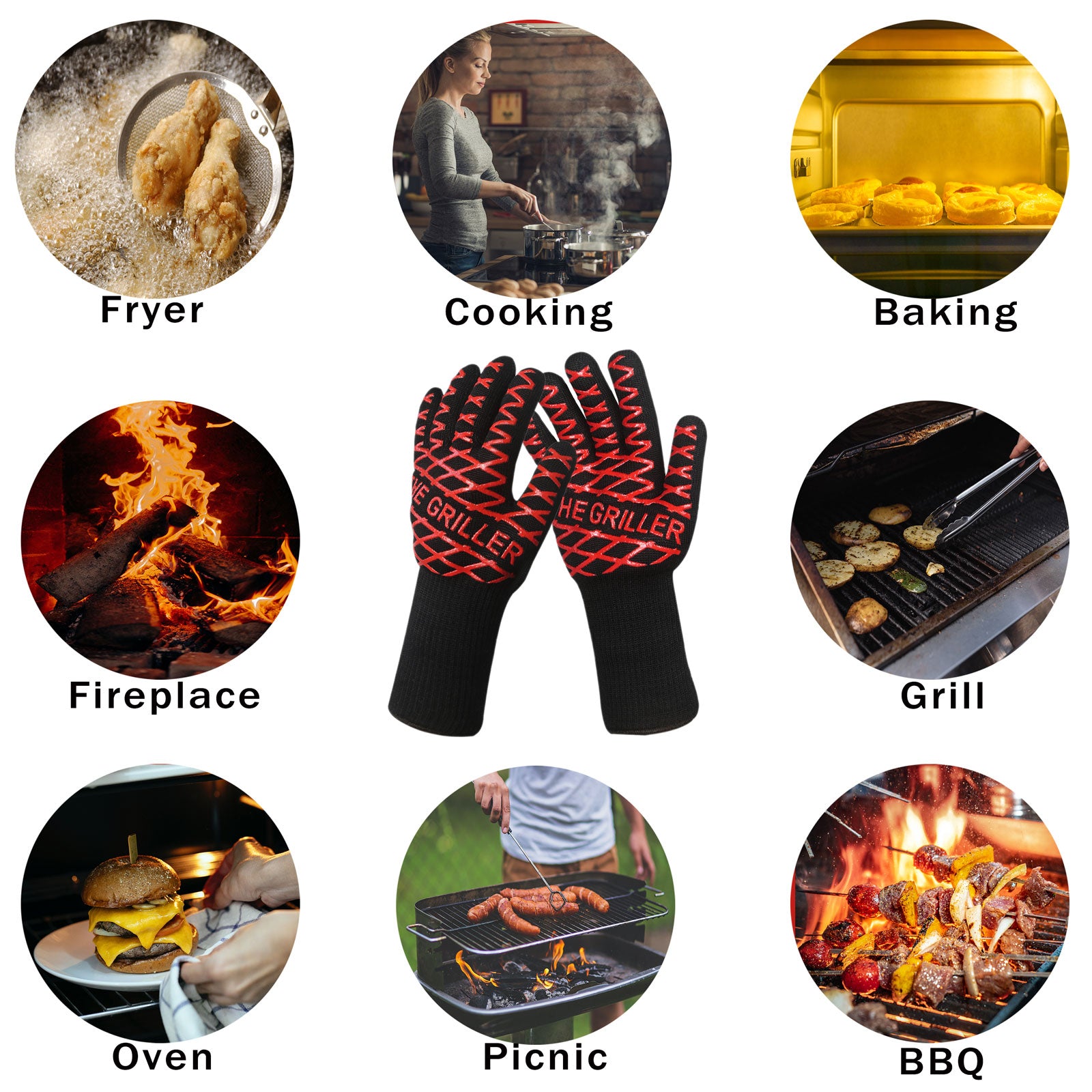 The gloves are suitable for a wide range of cooking activities, such as frying, cooking, baking, fire pit handling, grilling, and barbeque.