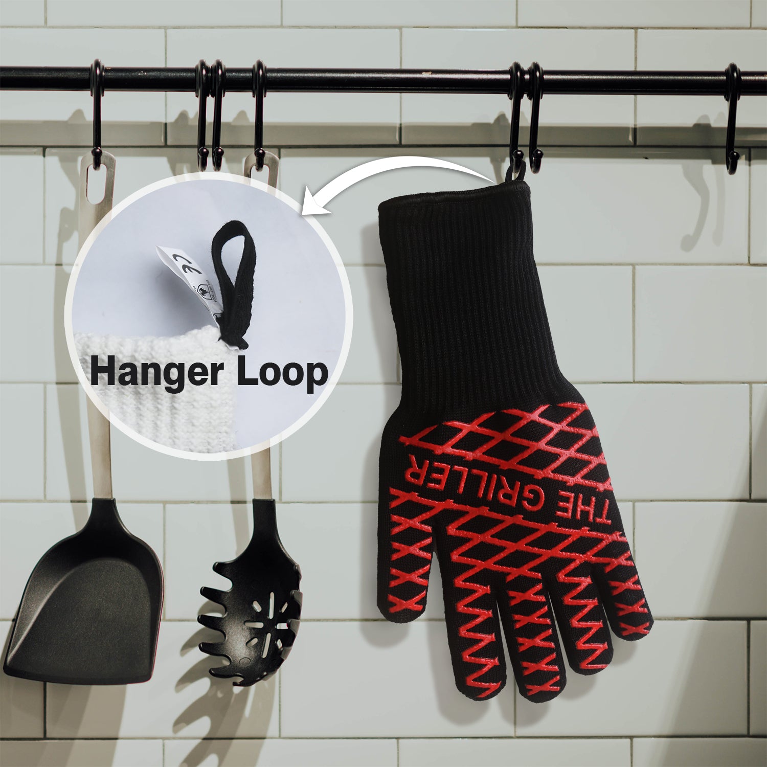 The Griller Gloves come with a hanging loop for convenience.
