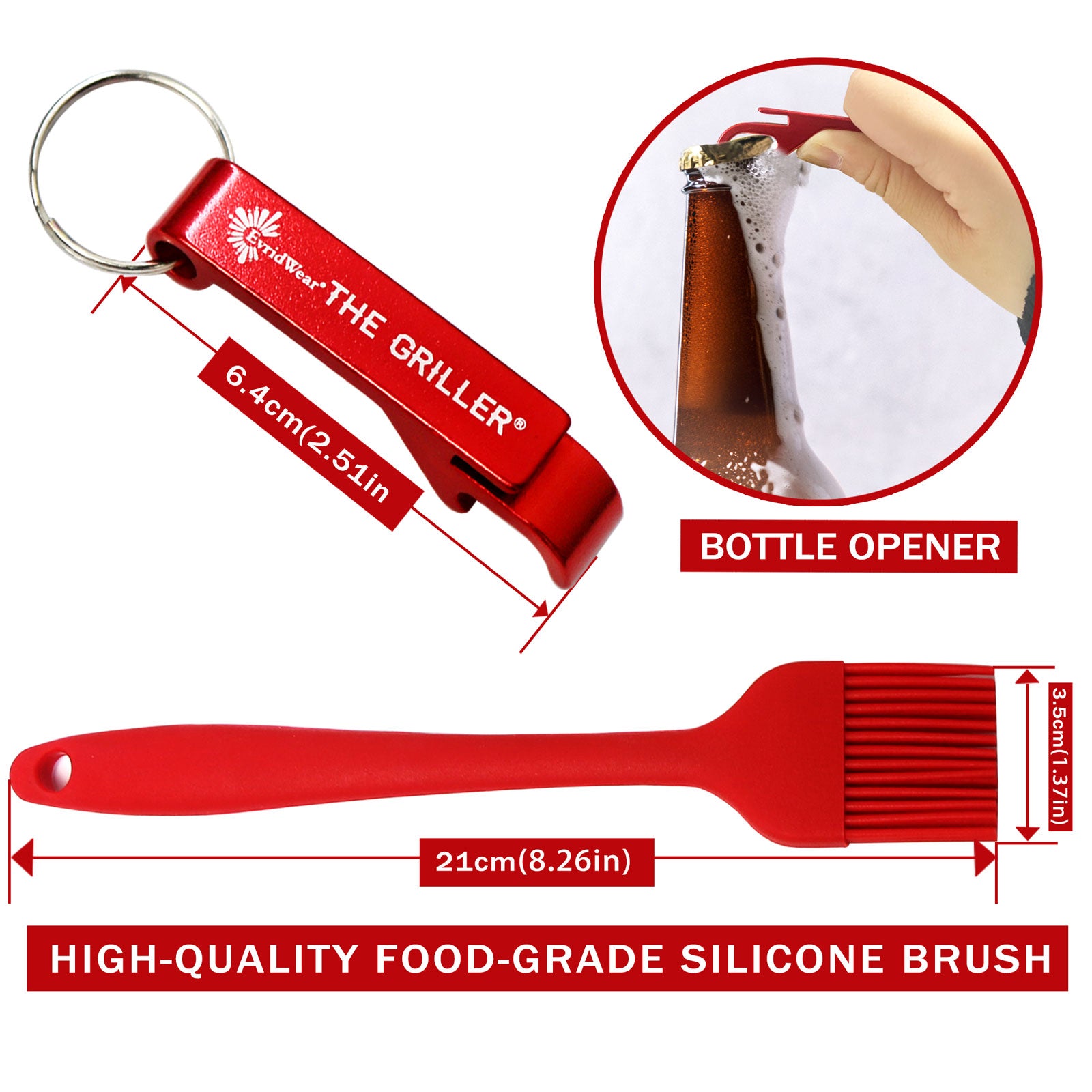 The bottle opener is 2.5in or 6.4cm long. The brush is 8.25in or 21cm long.