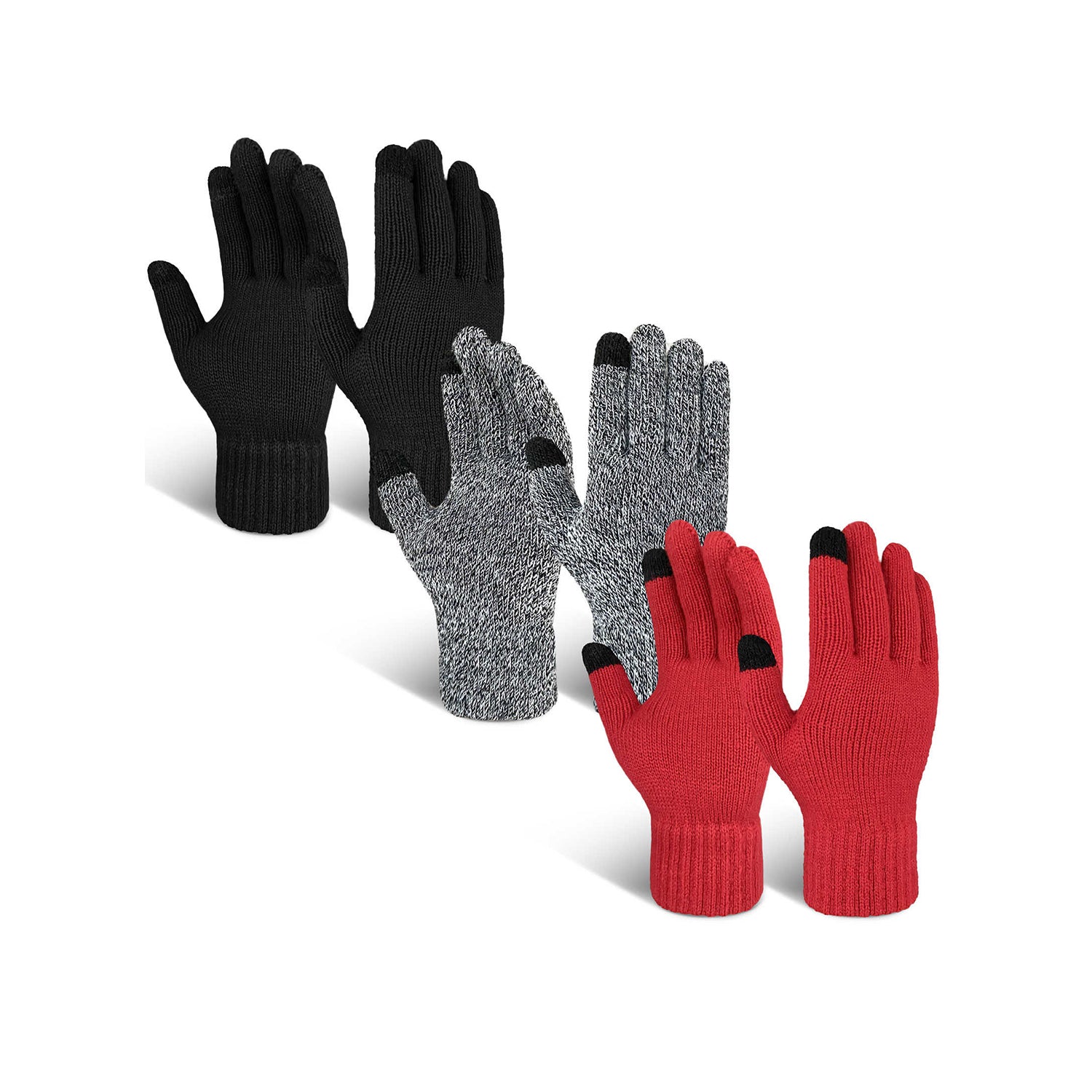 EvridWear 3 Pairs Fingerless Touchscreen Gloves - Thermal & Warm (Black/Light Grey/Red)