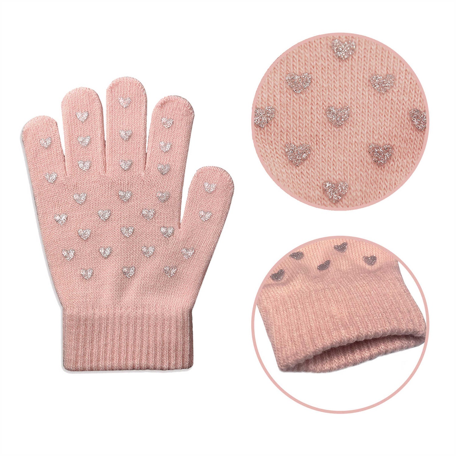 Evridwear Kids Winter Gloves - 3 Pairs Sweet Heart Knit Warm Stretch Gripper Gloves for Boys & Girls