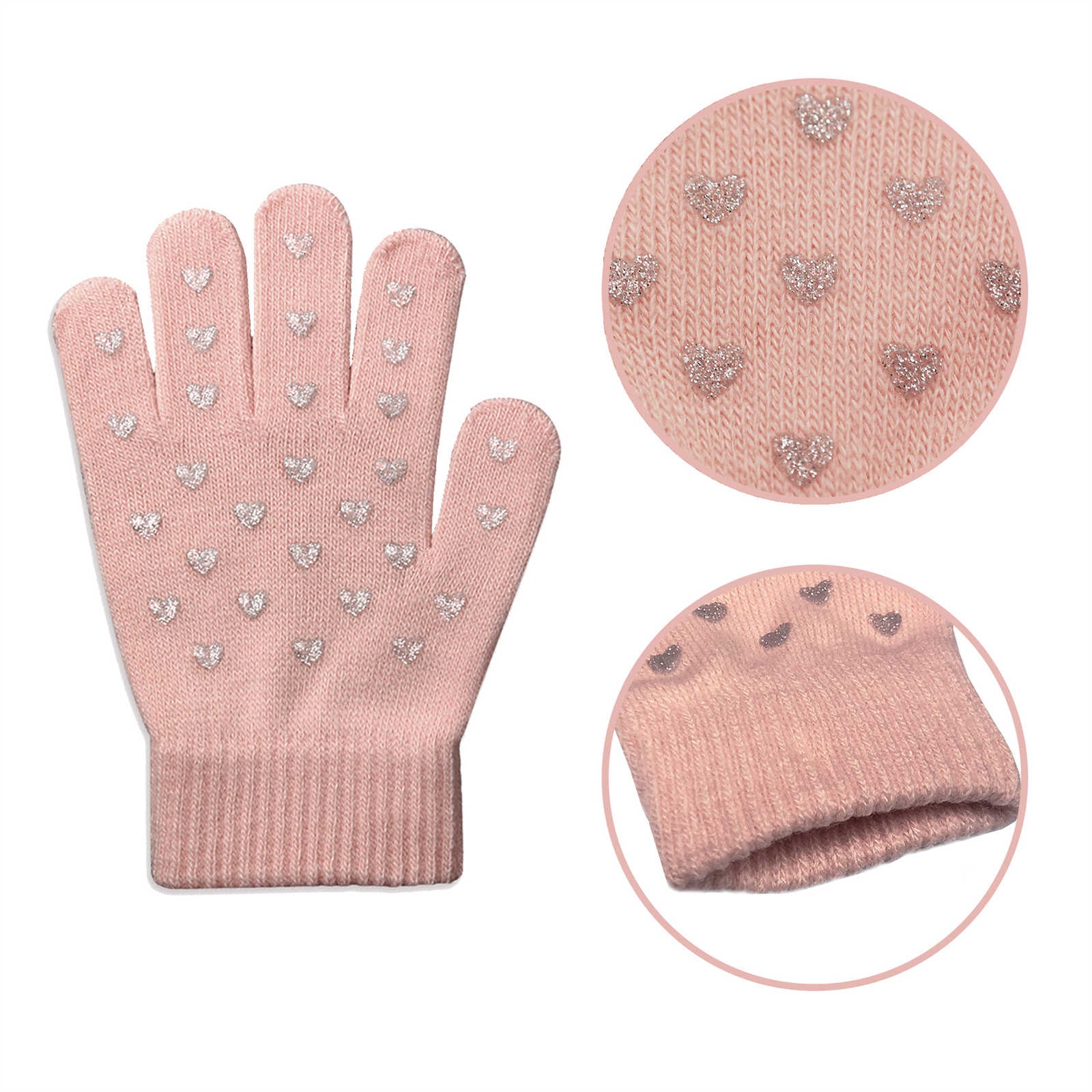 Evridwear Kids Winter Gloves - 3 Pairs Sweet Heart Knit Warm Stretch Gripper Gloves for Boys & Girls
