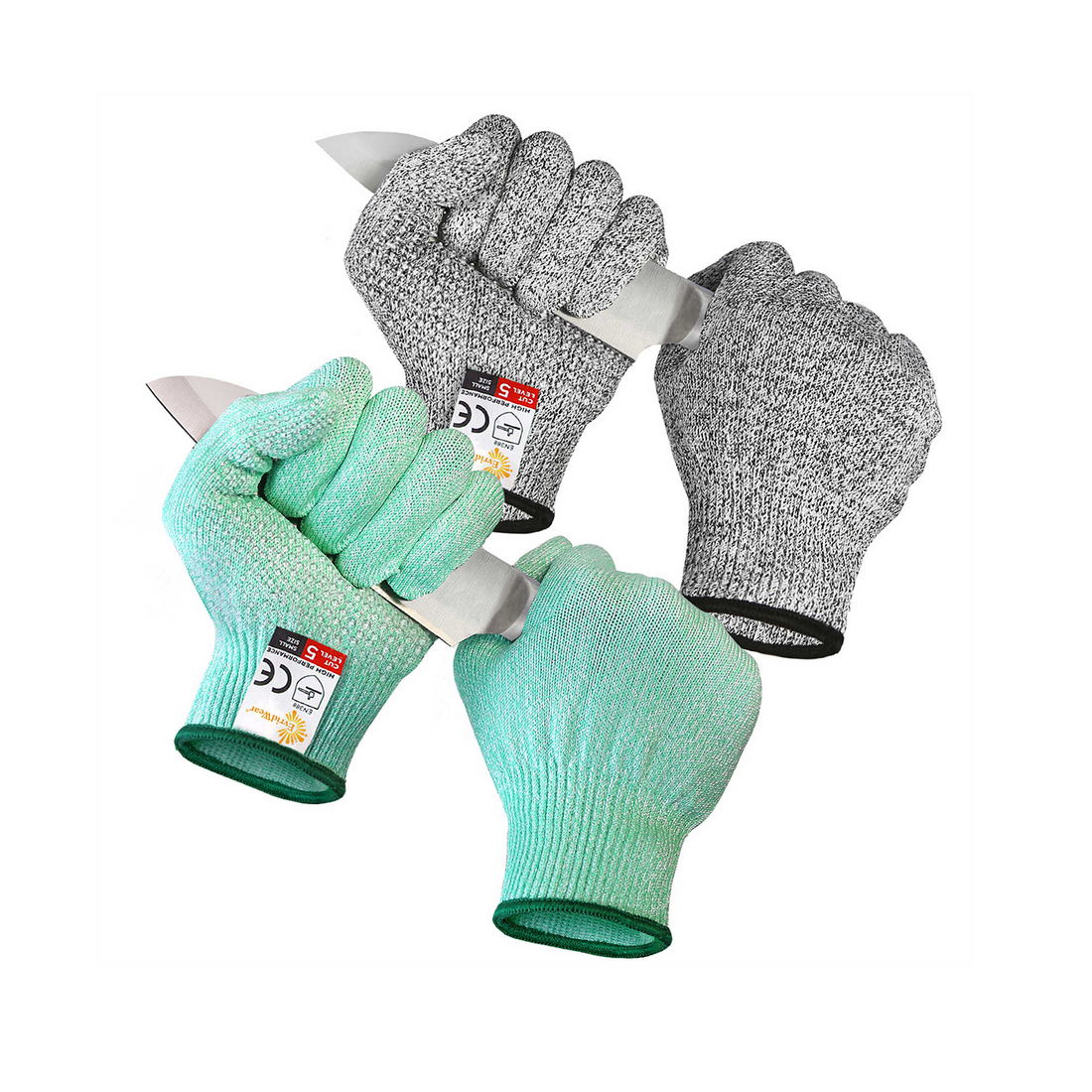 EvridWear 2 Pairs Cut Resistant Gloves With Silicone Grip Dots (Green+Gray)