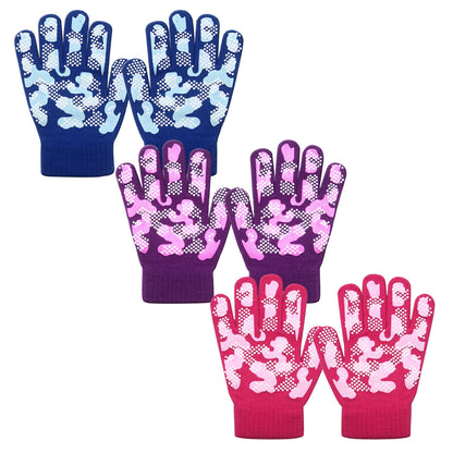 EvridWear 3 Pairs Girls Magic Stretch Gripper Gloves (Pattern9: Pink Camo)