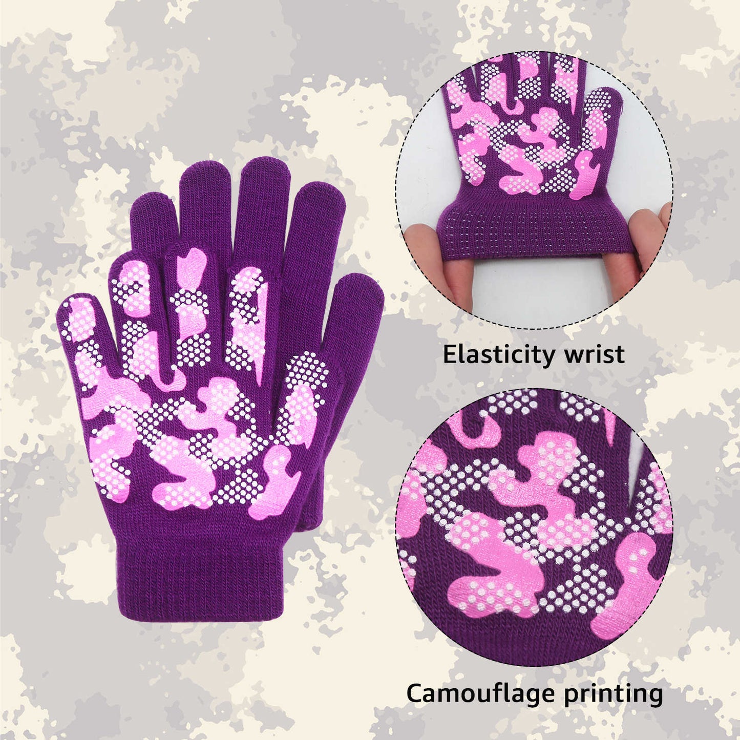 EvridWear 3 Pairs Girls Magic Stretch Gripper Gloves (Pattern9: Pink Camo)