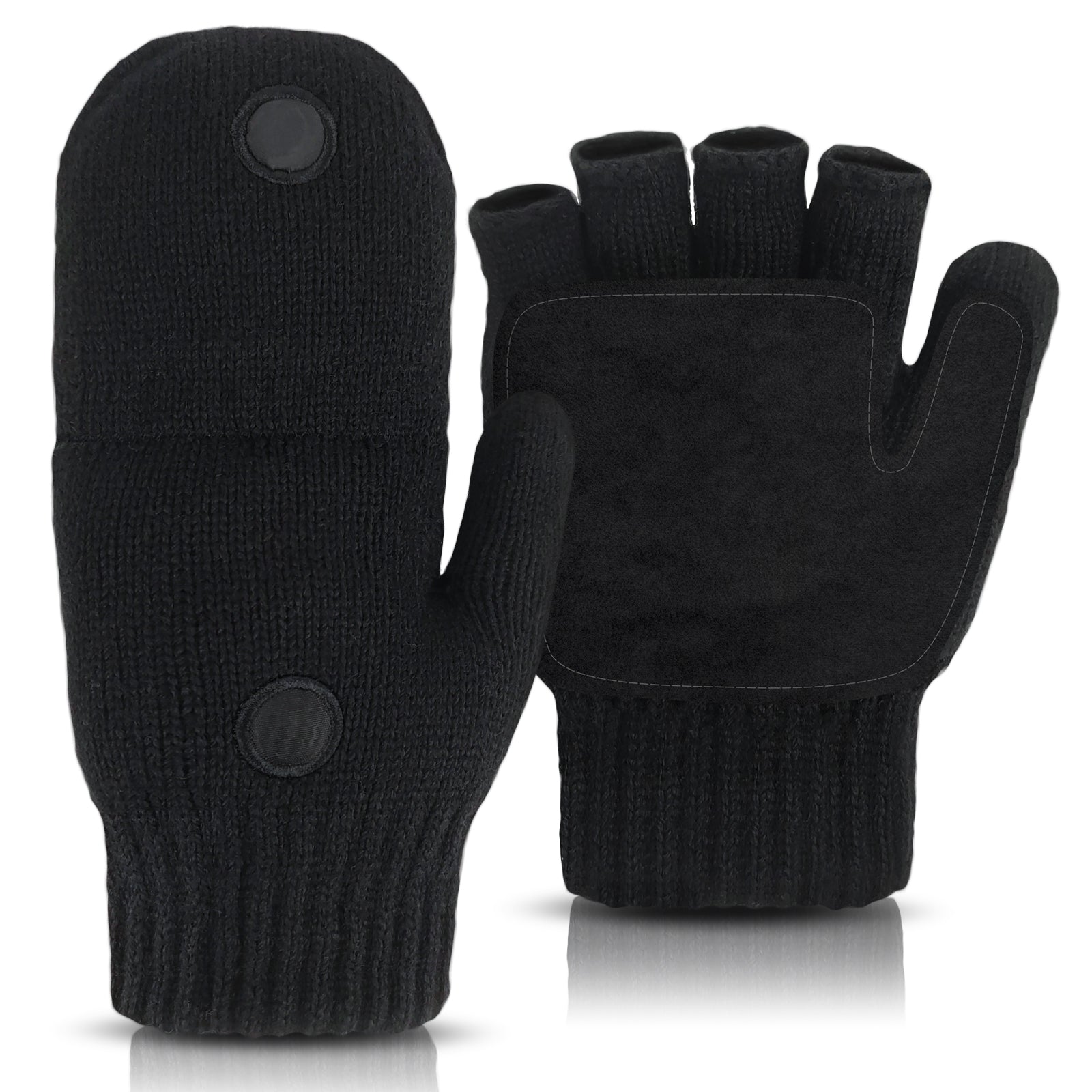 Convertible Fingerless Winter Gloves w/ Anti-Slip Suede Leather Palm and Thumb