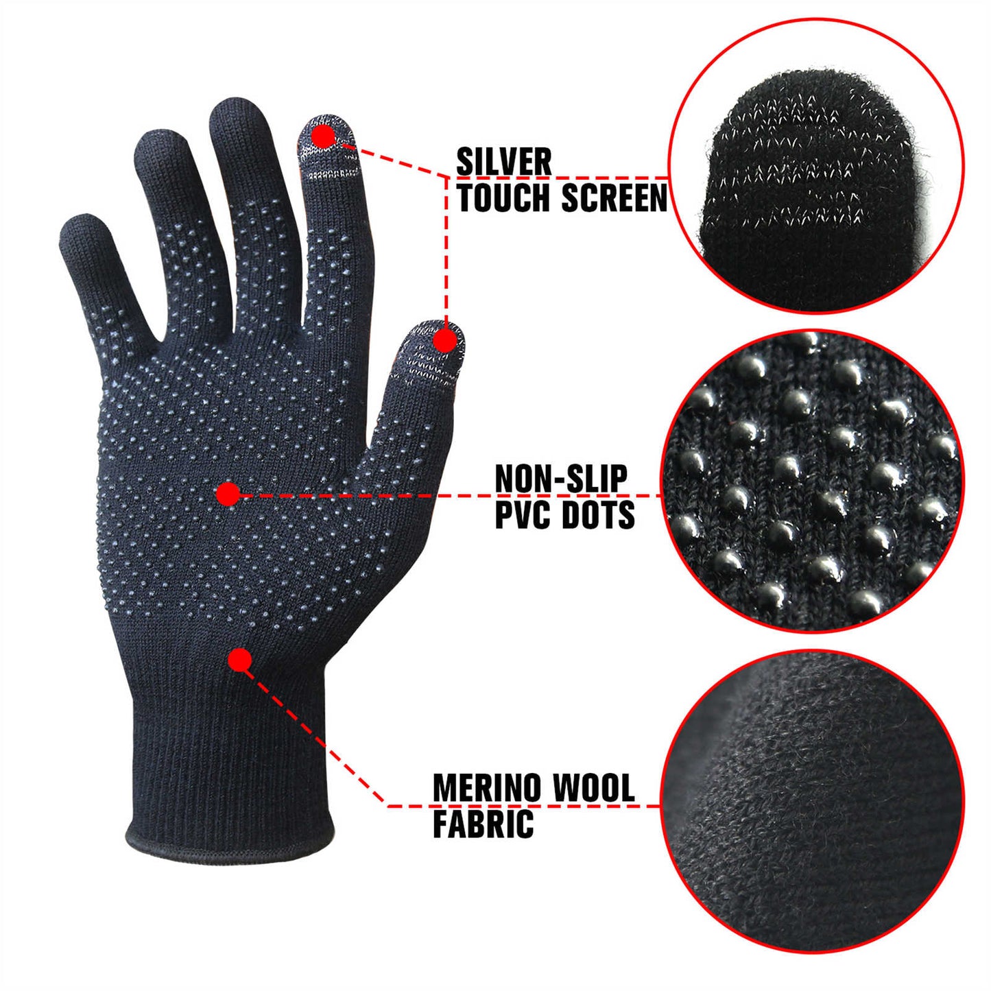 EvridWear 1 Pair Merino Wool Winter Touchscreen PVC Dotted Liner Gloves, Men Women