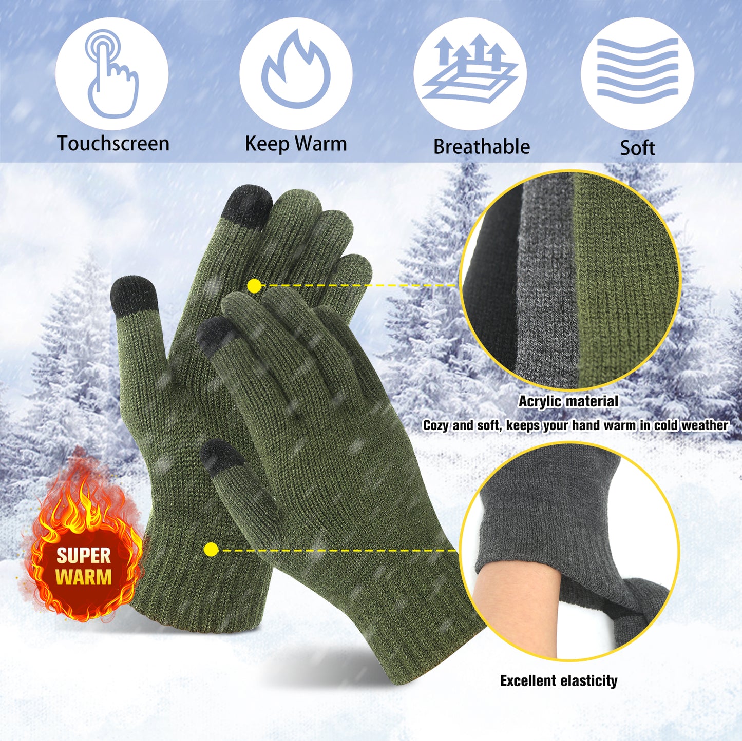 Evridwear Mens Thermal Winter Touch Screen Gloves with Elastic Cuff for Cold Day