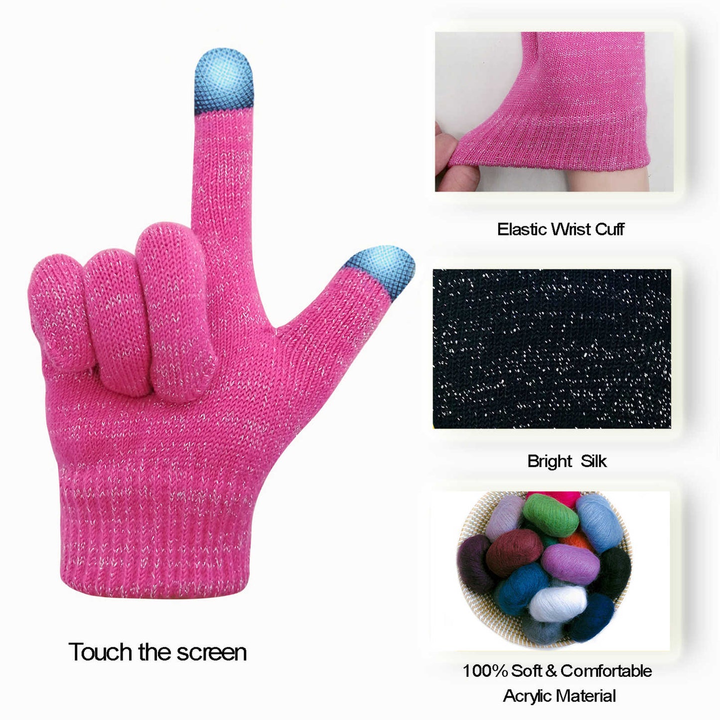 EvridWear 3 Pairs Boy Girl Knit Warm Touchscreen Gloves, Fall Winter Cold Weather (2-14 years)