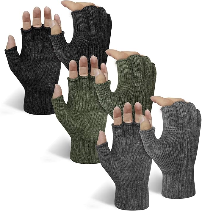 EvridWear 3 Pairs Winter Fingerless Touchscreen Gloves - Thermal Warmth (Black/Green/Grey)