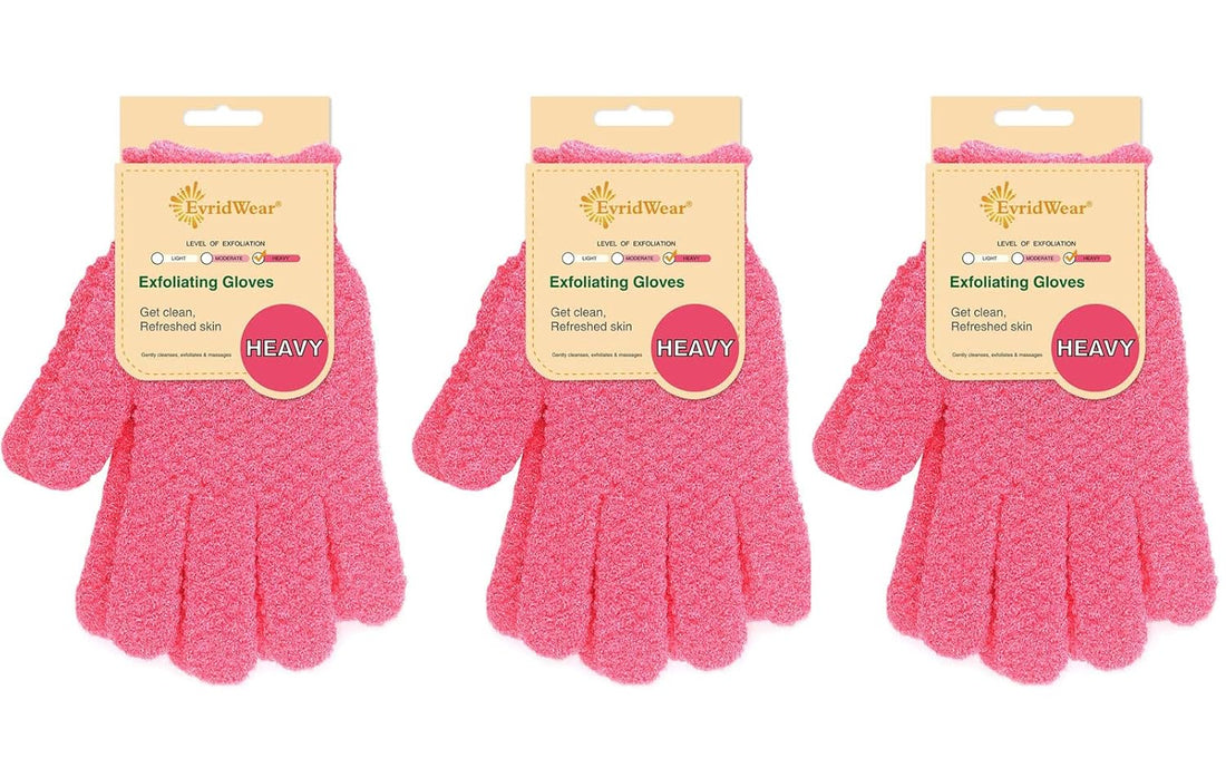 Evridwear Exfoliating Gloves for Shower 3 Pairs Heavy Hot Pink