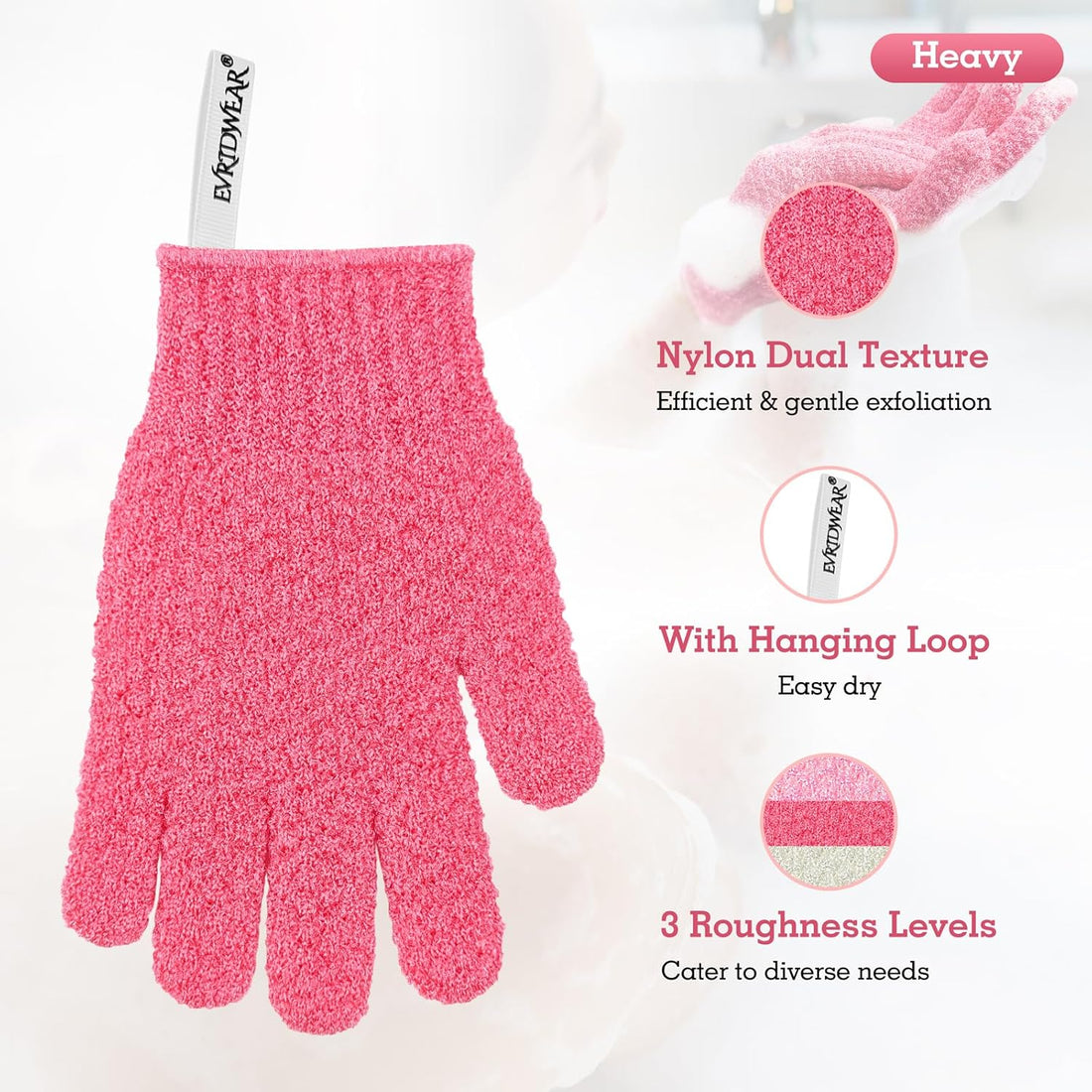 Evridwear Exfoliating Gloves for Shower 3 Pairs Heavy Hot Pink