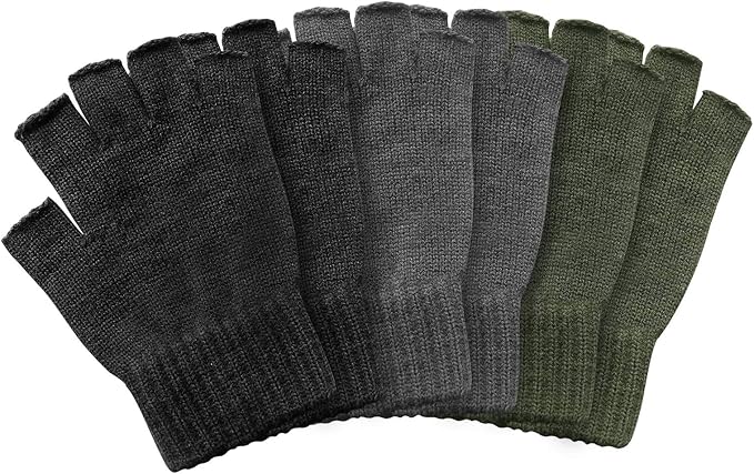 EvridWear 3 Pairs Winter Fingerless Touchscreen Gloves - Thermal Warmth (Black/Green/Grey)