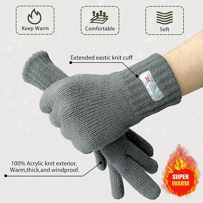 EvridWear Men's Winter Gloves - Knit with 3M Thinsulate Insulation (Gray)