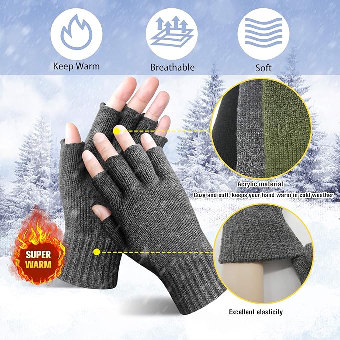 EvridWear 3 Pairs Winter Fingerless Touchscreen Gloves - Thermal Warmth (Black/Green/Grey)