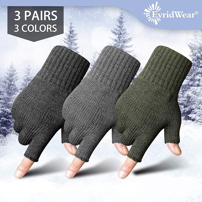 EvridWear 3 Pairs Winter Fingerless Touchscreen Gloves - Thermal Warmth (Black/Green/Grey)