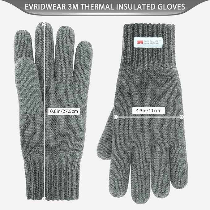 EvridWear Men's Winter Gloves - Knit with 3M Thinsulate Insulation (Gray)