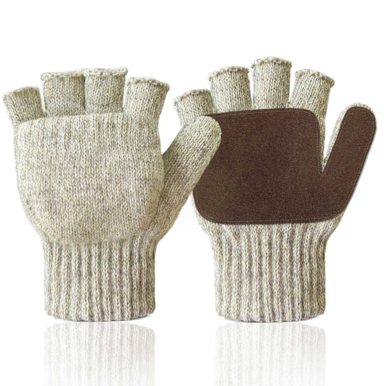 Convertible Fingerless Winter Gloves w/ Anti-Slip Suede Leather Palm and Thumb