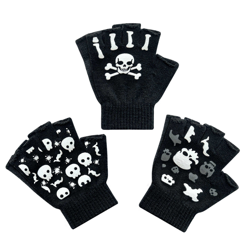 EvridWear Kids Fingerless Gloves - 3 Pairs Skull